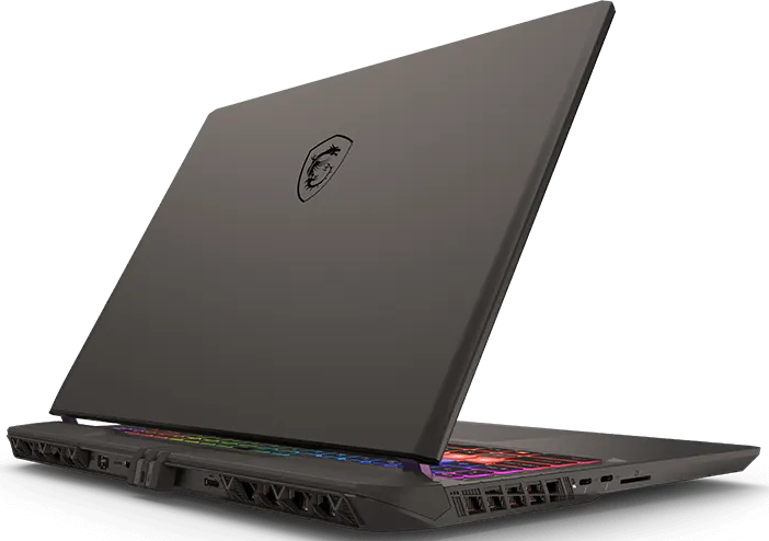 Sötét MSI gamer laptop világító billentyűzettel és logóval.