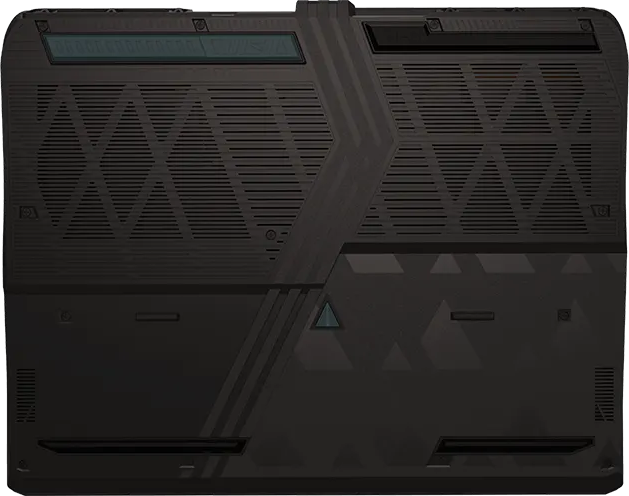 Sötétszürke laptop alja szellőzőkkel, geometriai mintákkal és kék fényű panellel.