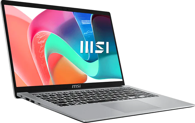Ezüst MSI laptop színes absztrakt háttérképpel a képernyőn.