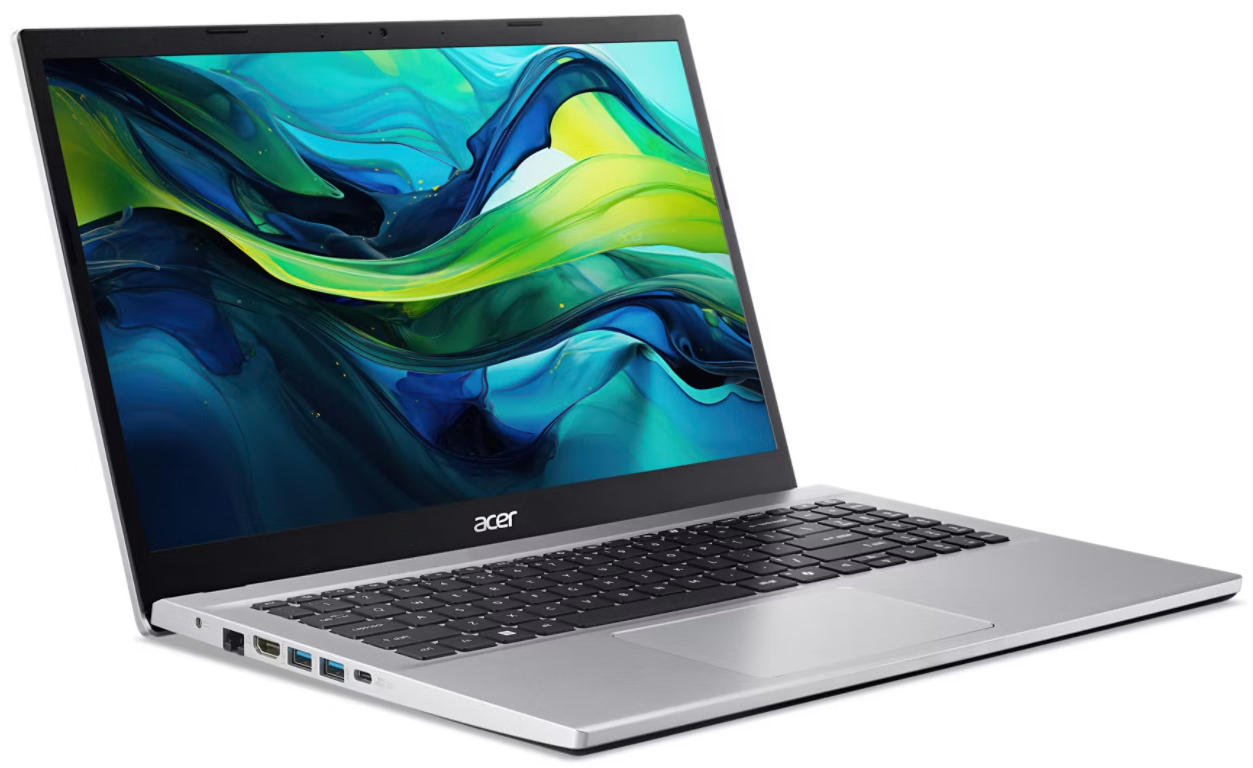 Ezüst Acer laptop színes, absztrakt háttérképpel a képernyőn.