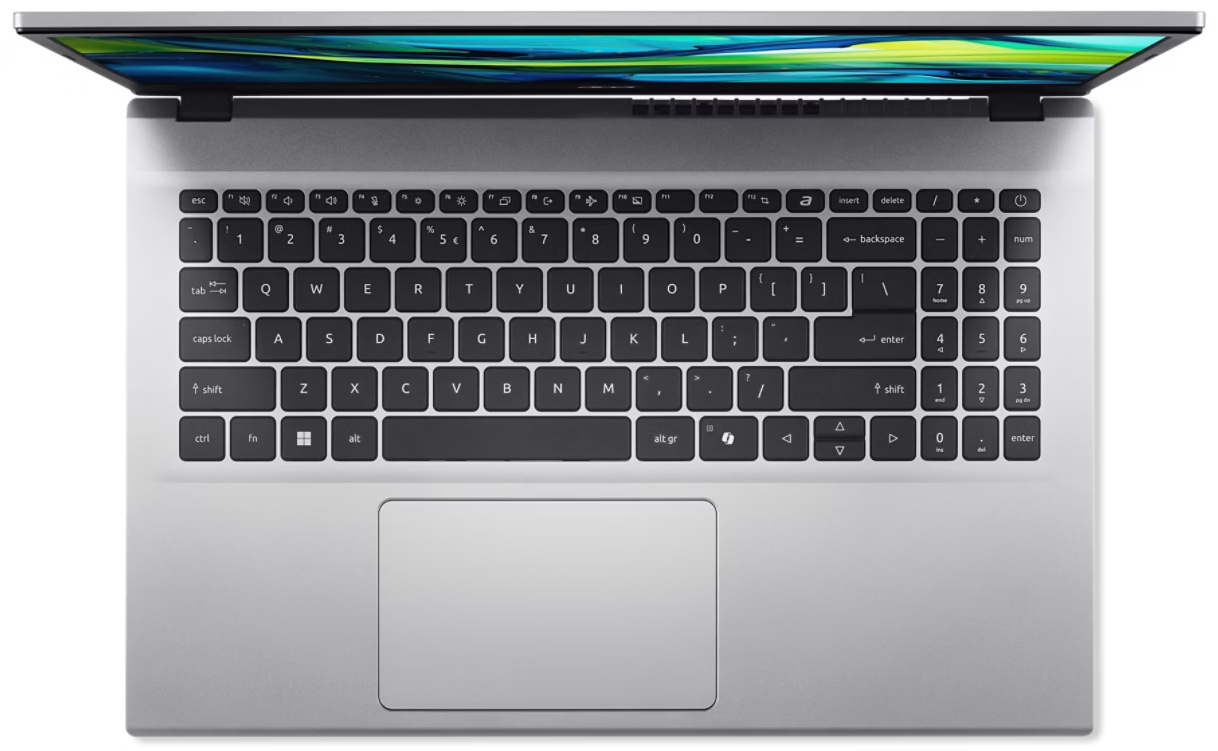 Egy ezüst laptop nyitva van, színes absztrakt képernyőt és teljes billentyűzetet mutat numerikus paddal.