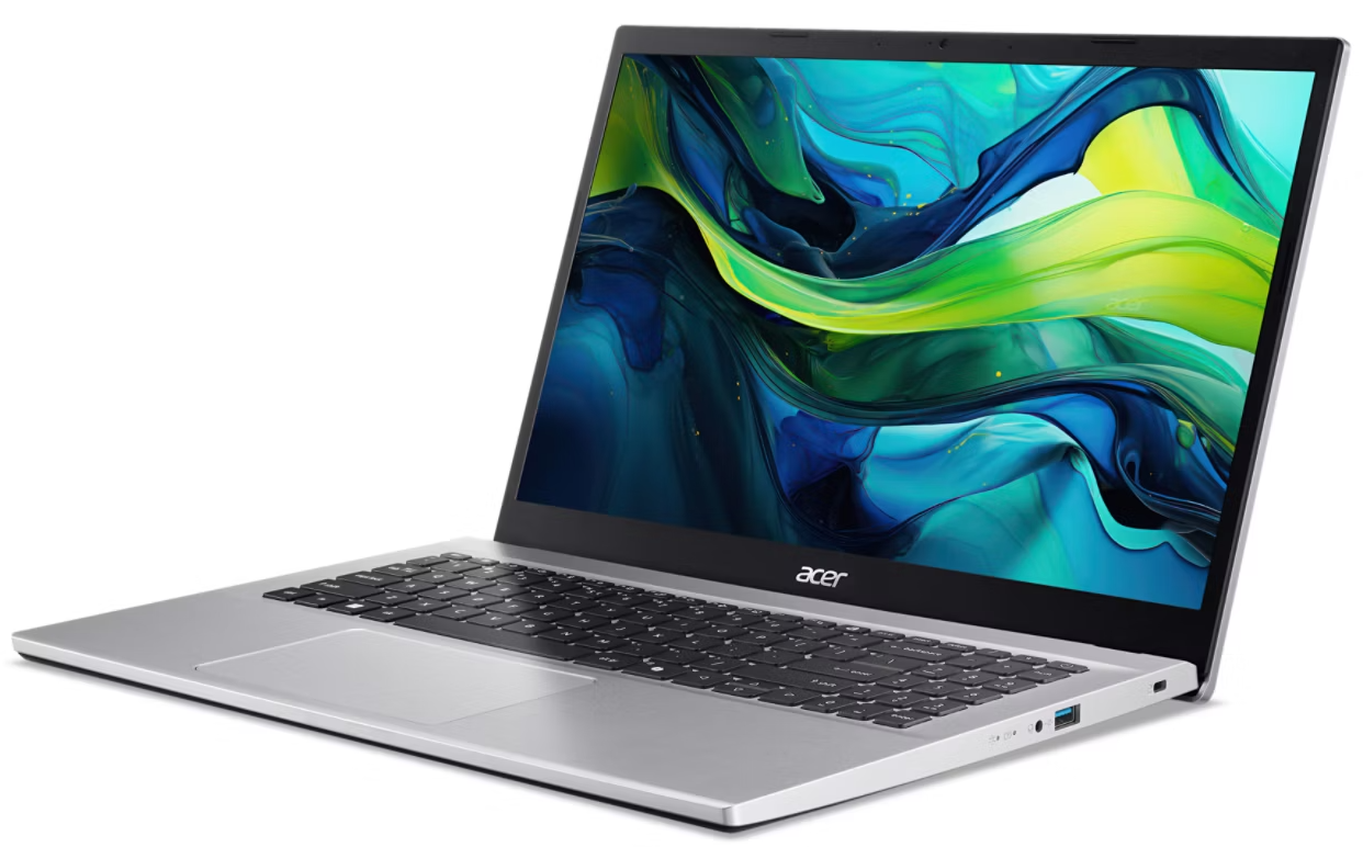Egy ezüst Acer laptop, nyitva, színes, folyékony absztrakt háttérképpel.