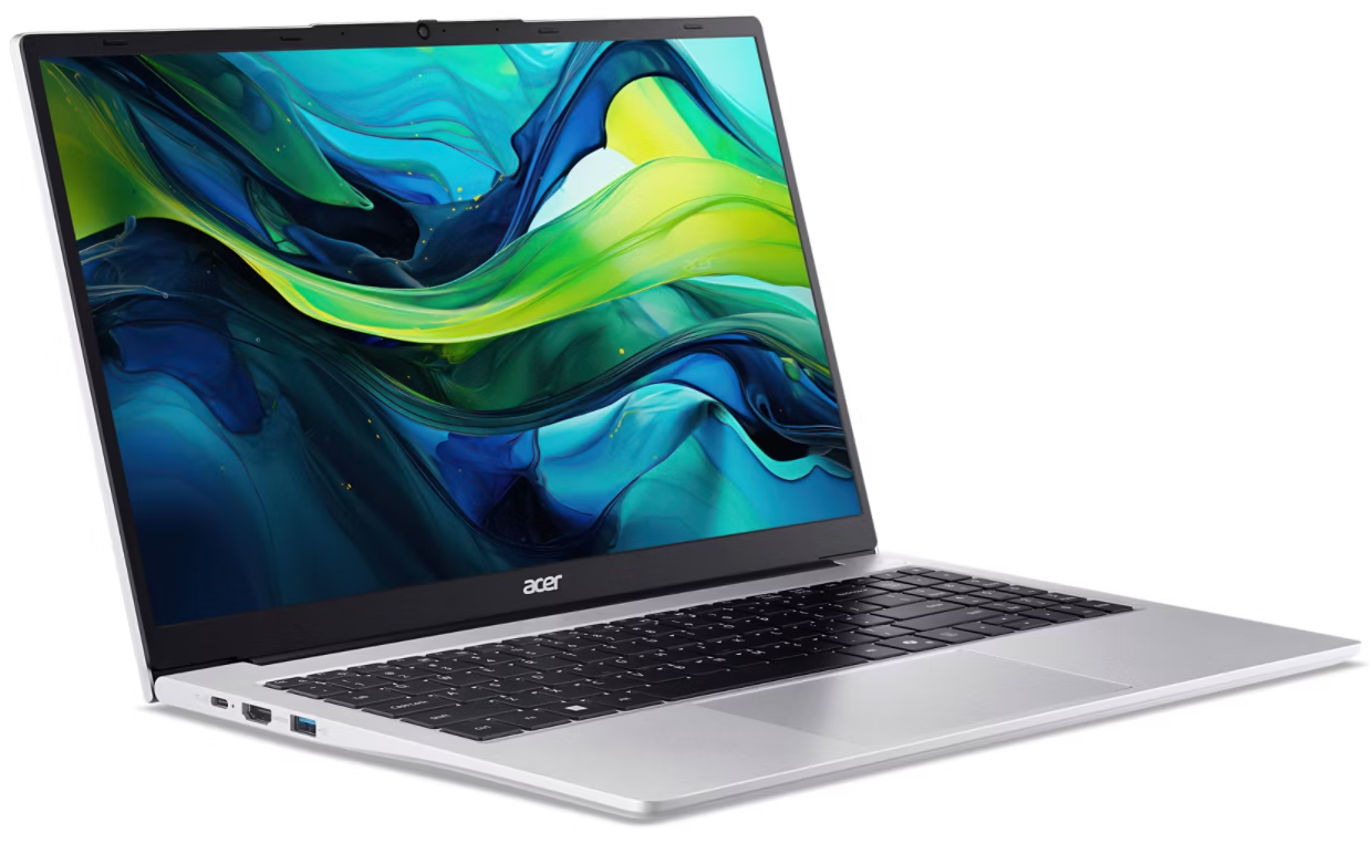 Egy ezüst laptop, képernyőjén absztrakt, színes háttérrel.