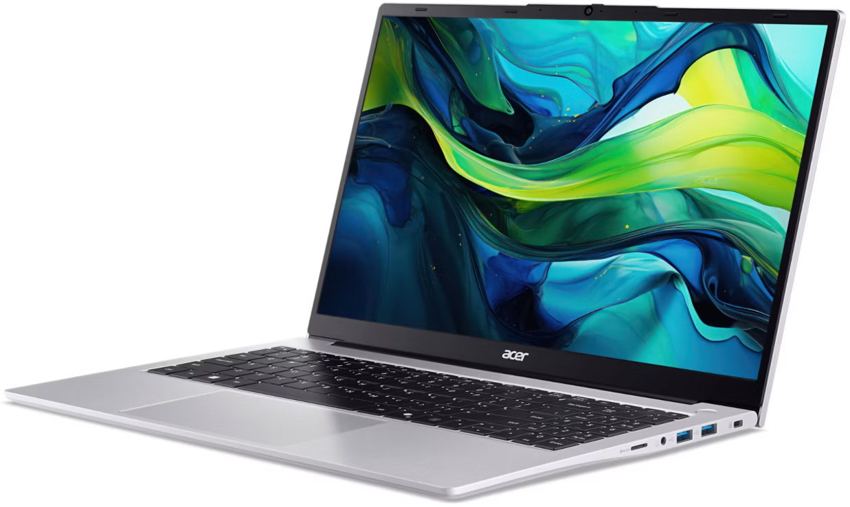 Egy ezüst Acer laptop színes, absztrakt háttérképpel a képernyőn.