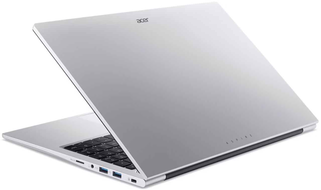 Ezüst Acer laptop nyitott képernyővel, látható billentyűzettel.