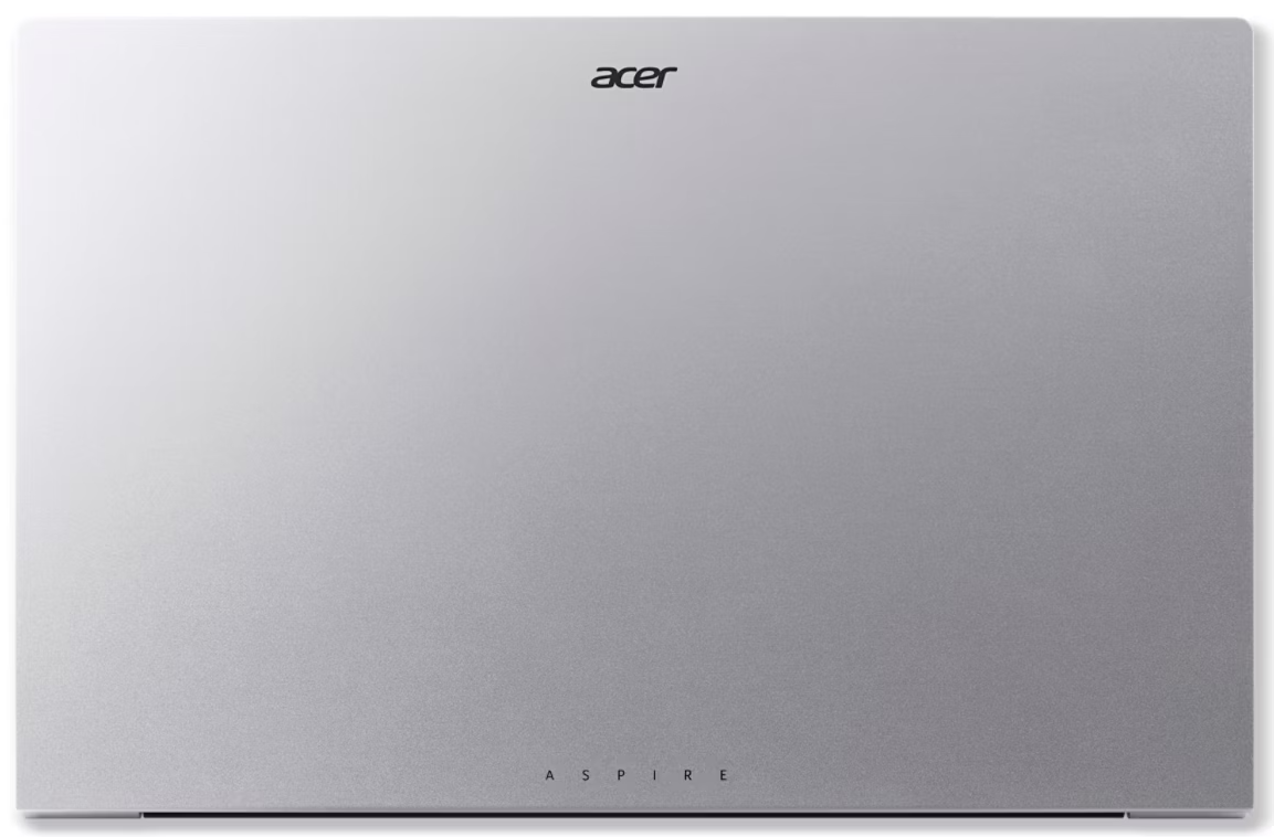 Ezüst Acer Aspire laptop, csukott állapotban, logóval felül és alul.