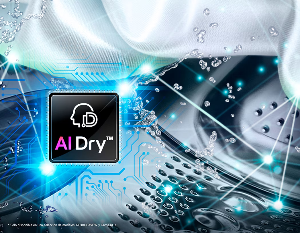 Szárítógép dobjának közelképe vízcseppekkel és áramkörökkel, AI Dry technológiával.