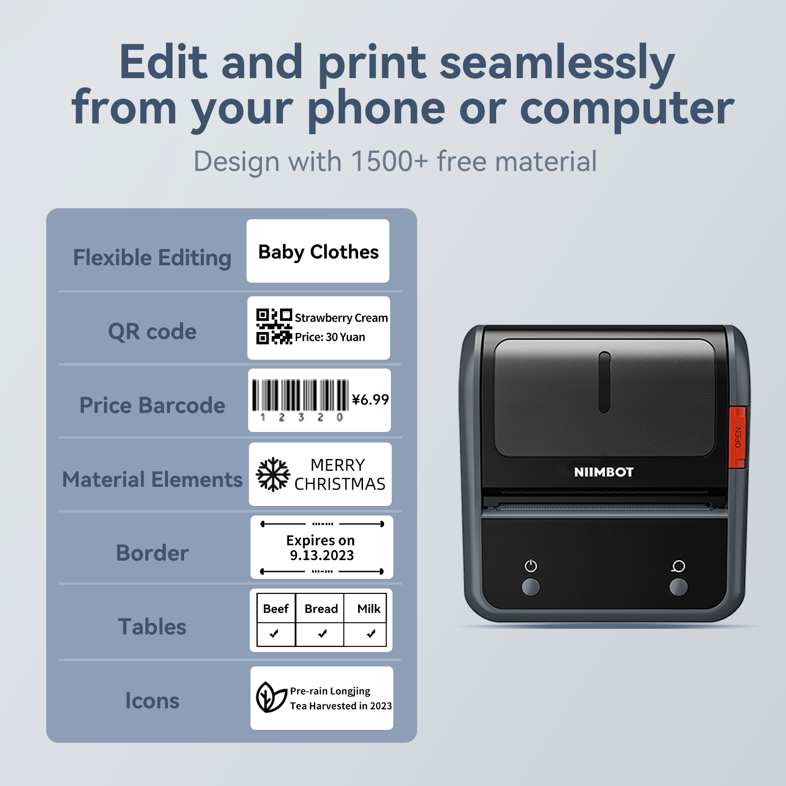 Ein Nimbot-Drucker mit Beispielen für Etiketten: Babykleidung, QR-Code, Barcode, Weihnachtsgruß.