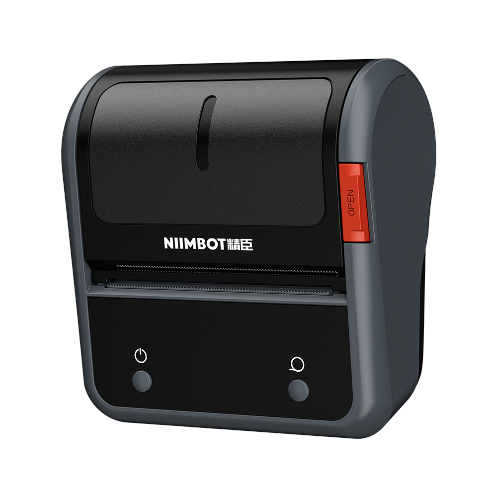 Ein schwarzer und grauer Thermodrucker mit NIIMBOT-Logo und roten "OPEN"-Hebel.