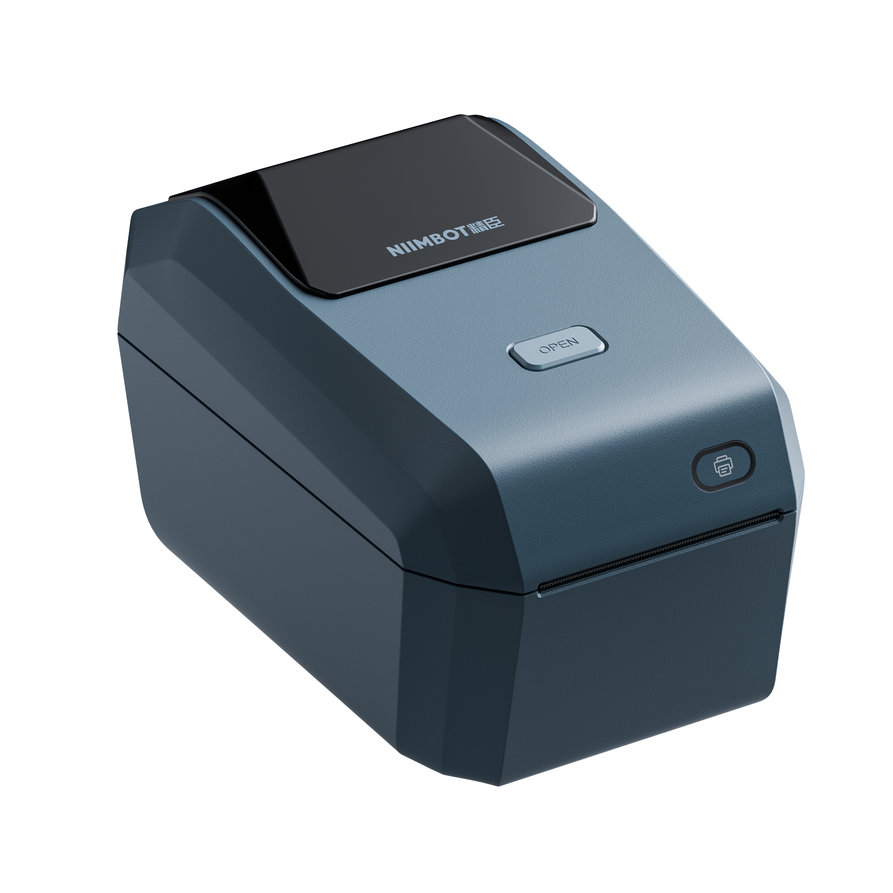 Ein blauer Thermodrucker mit der Aufschrift NIIMBOT und einer "OPEN"-Taste.