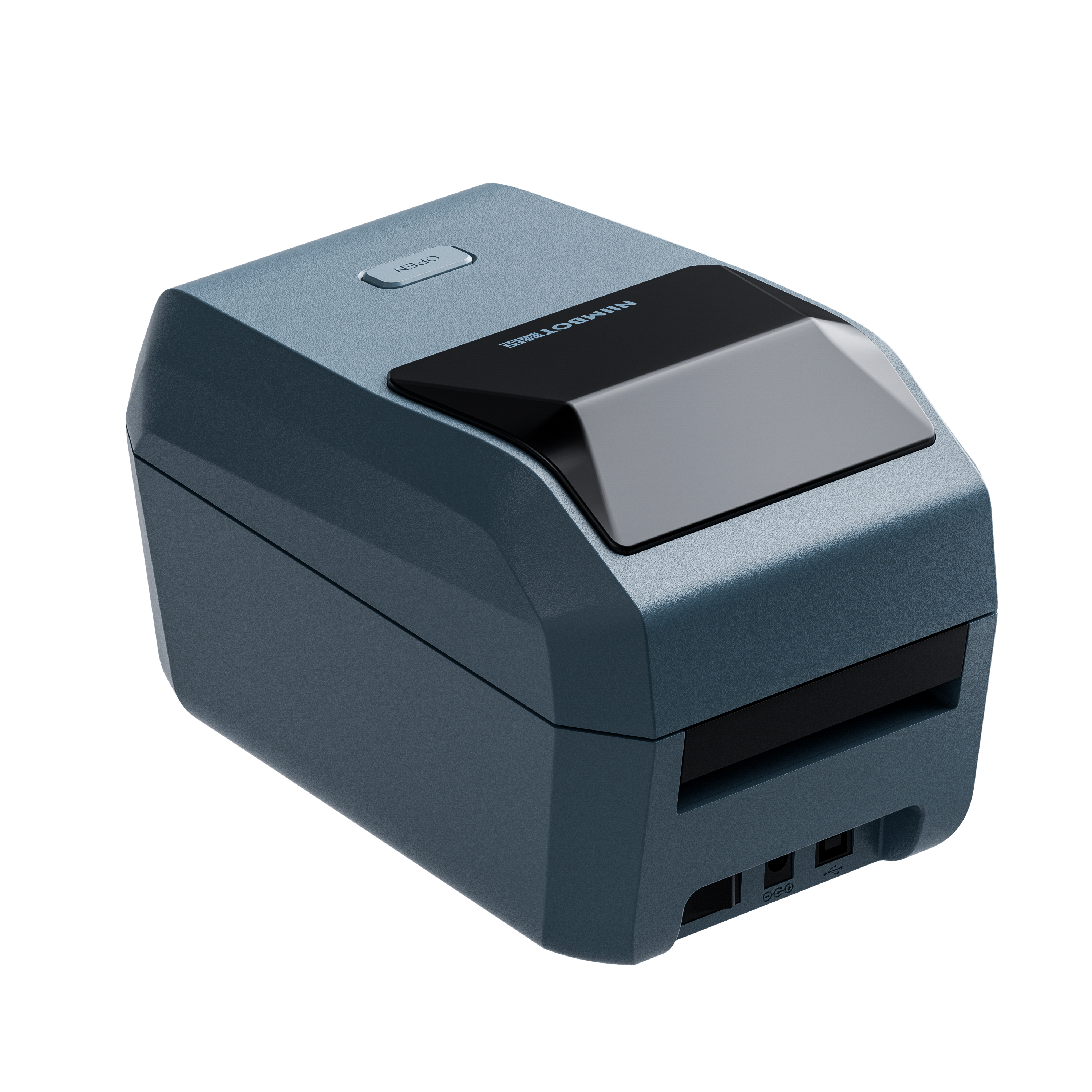 Ein blauer NIIMBOT-Drucker mit schwarzem Deckel und Anschlüssen.