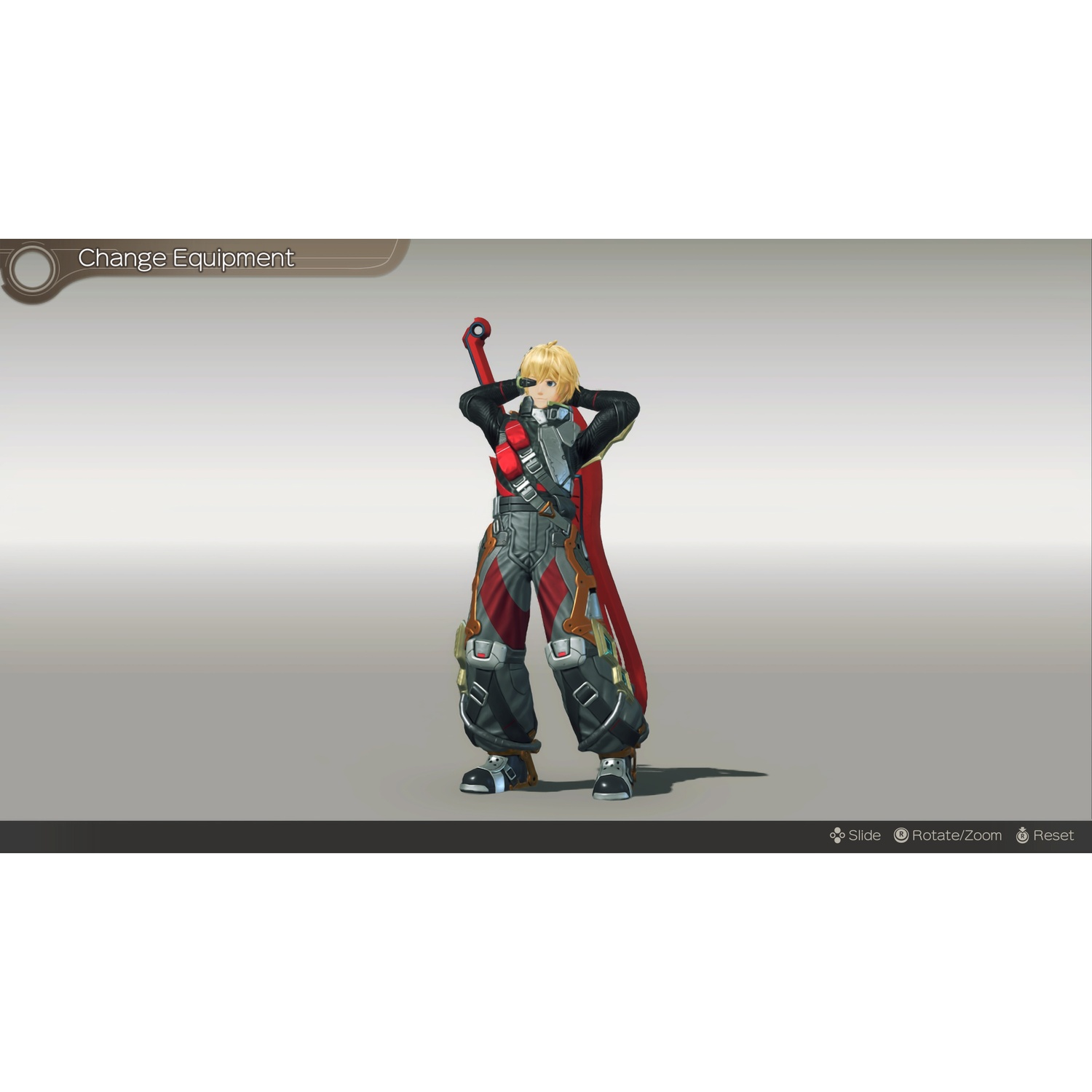 Un personnage aux cheveux blonds et à la tenue rouge se tient sur un fond gris clair.