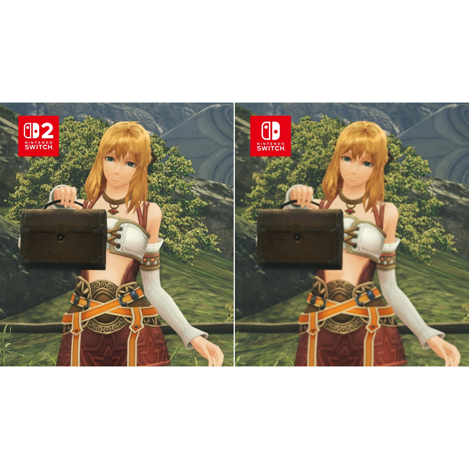 Une femme blonde tient un sac marron. Logo Nintendo Switch.