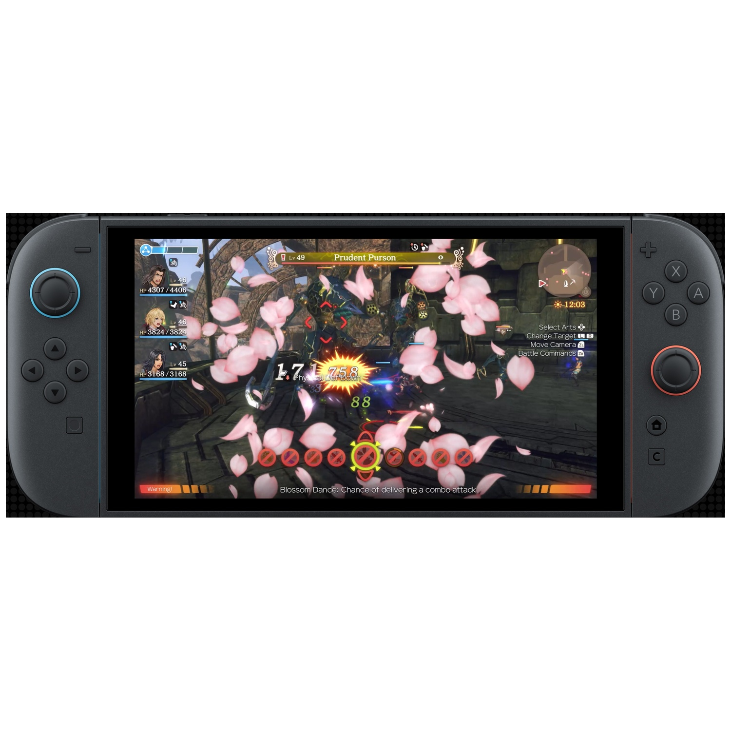 Nintendo Switch affichant un RPG avec des pétales roses et des personnages au combat.