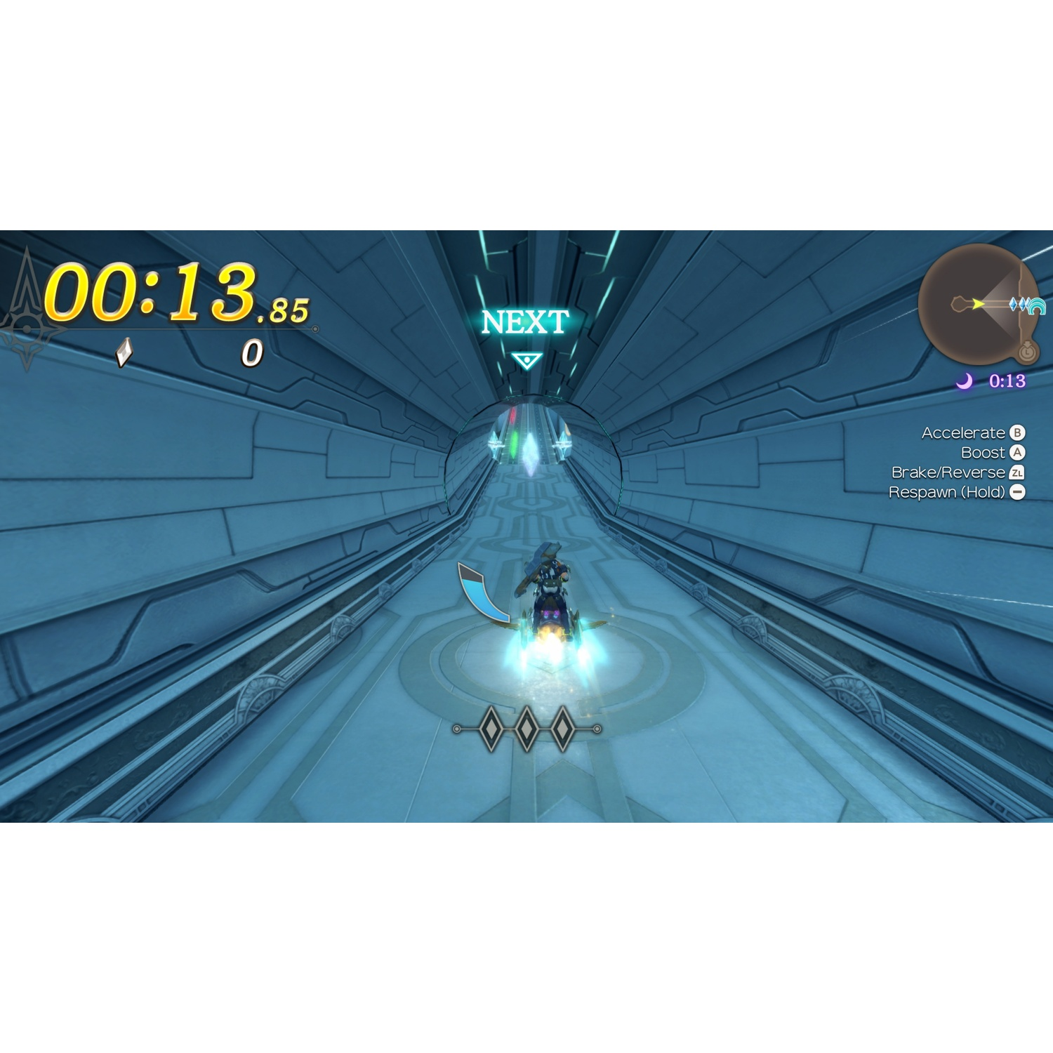 Un personnage court dans un tunnel futuriste. Temps: 00:13.85.