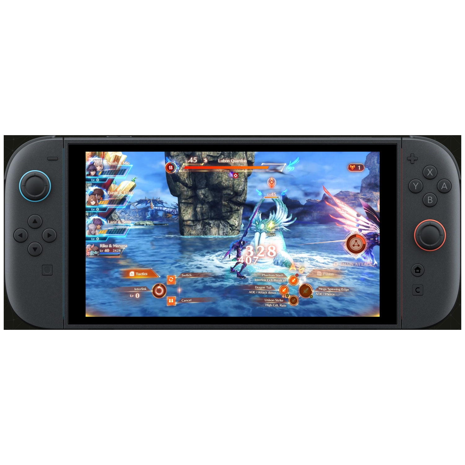 Een Nintendo Switch handheld toont een anime RPG met personages en gevechtsmenu's op het scherm.