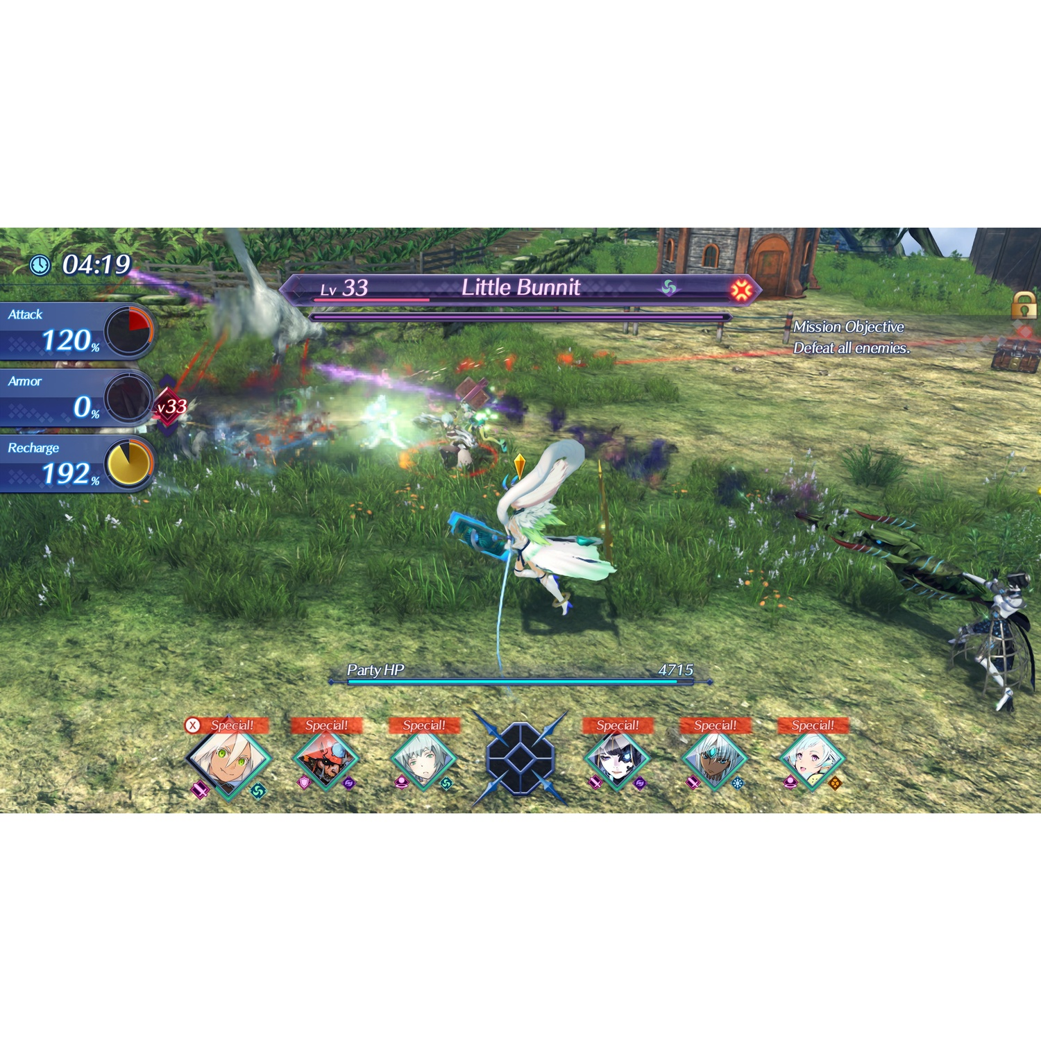 Un jeu de combat avec des personnages combattant sur un terrain herbeux, avec des éléments d'interface.