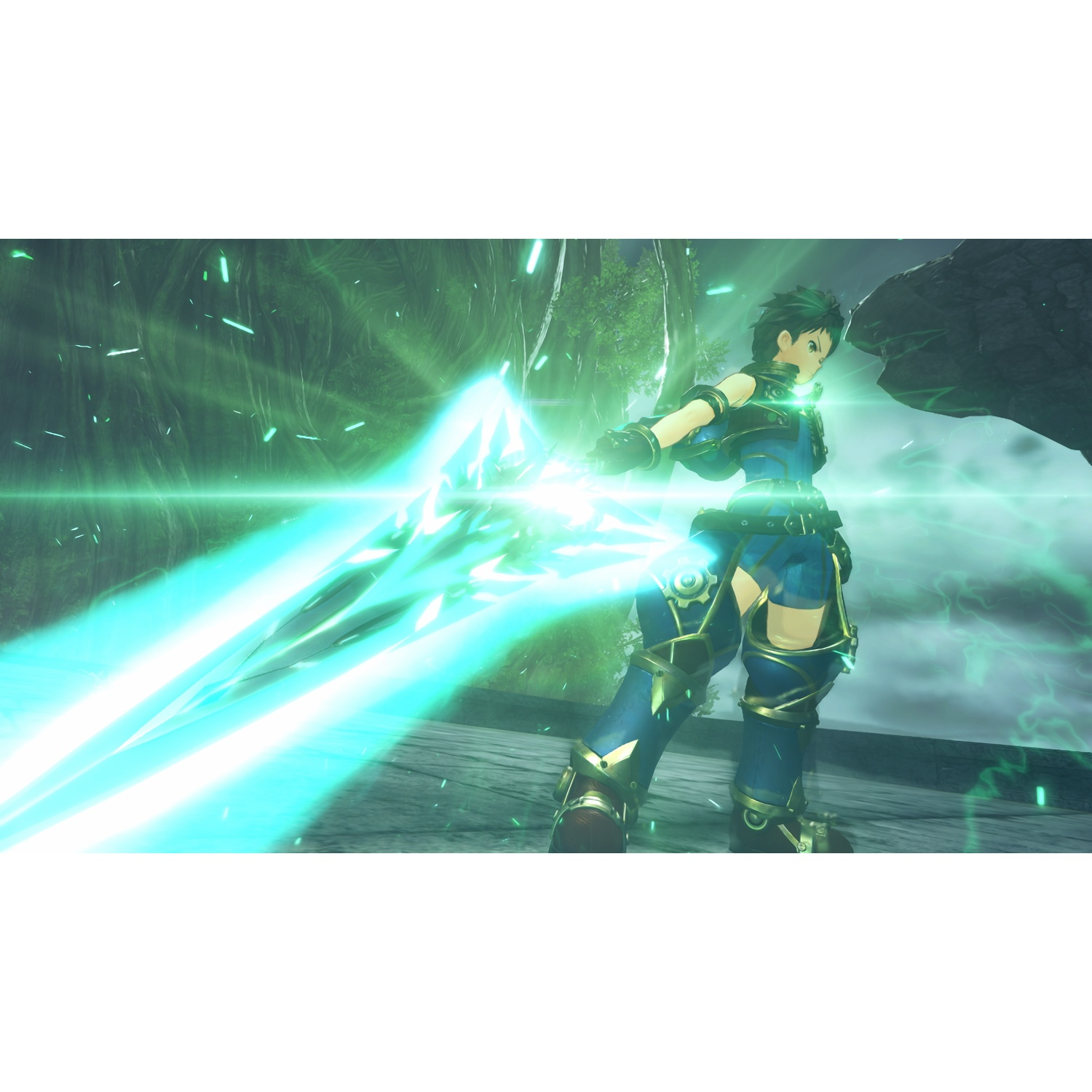 Un personnage en armure bleue aux cheveux verts manie une épée cyan lumineuse.