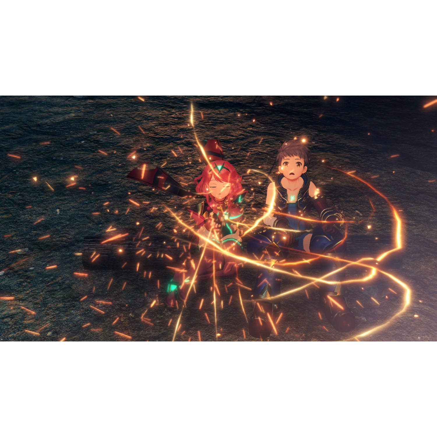 Deux personnages d'anime assis sur un sol rocheux, entourés d'étincelles et d'énergie.