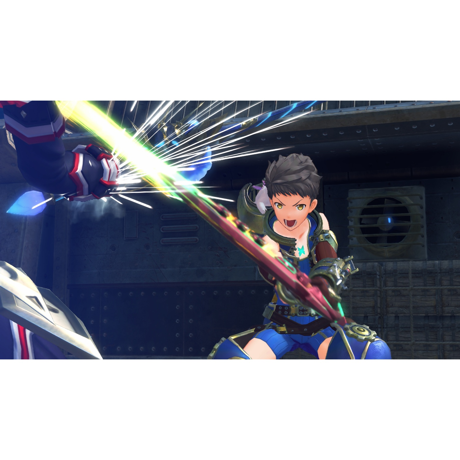Un homme en armure bleue manie une épée lumineuse.