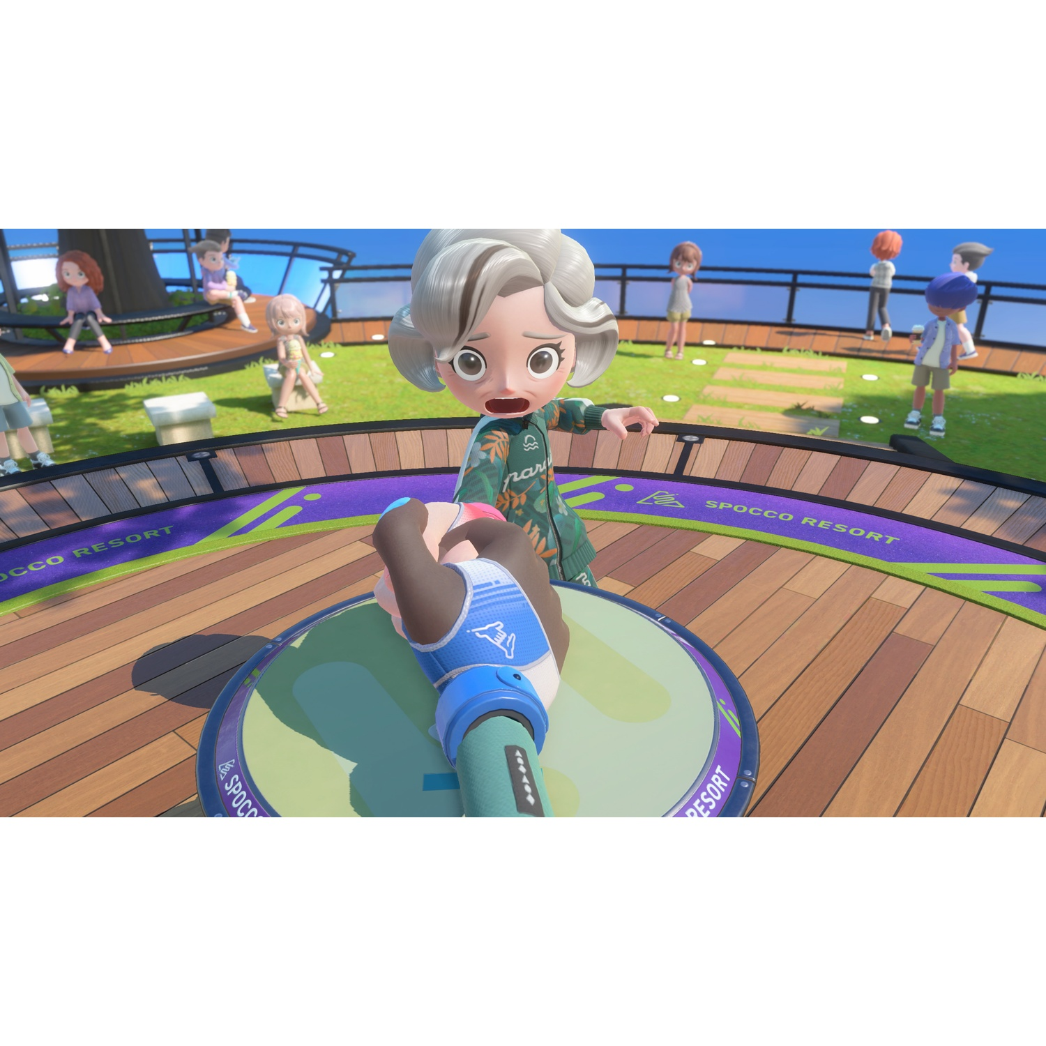 Une femme dessin animé en veste verte a l'air surprise alors qu'une main tient une manette bleue.