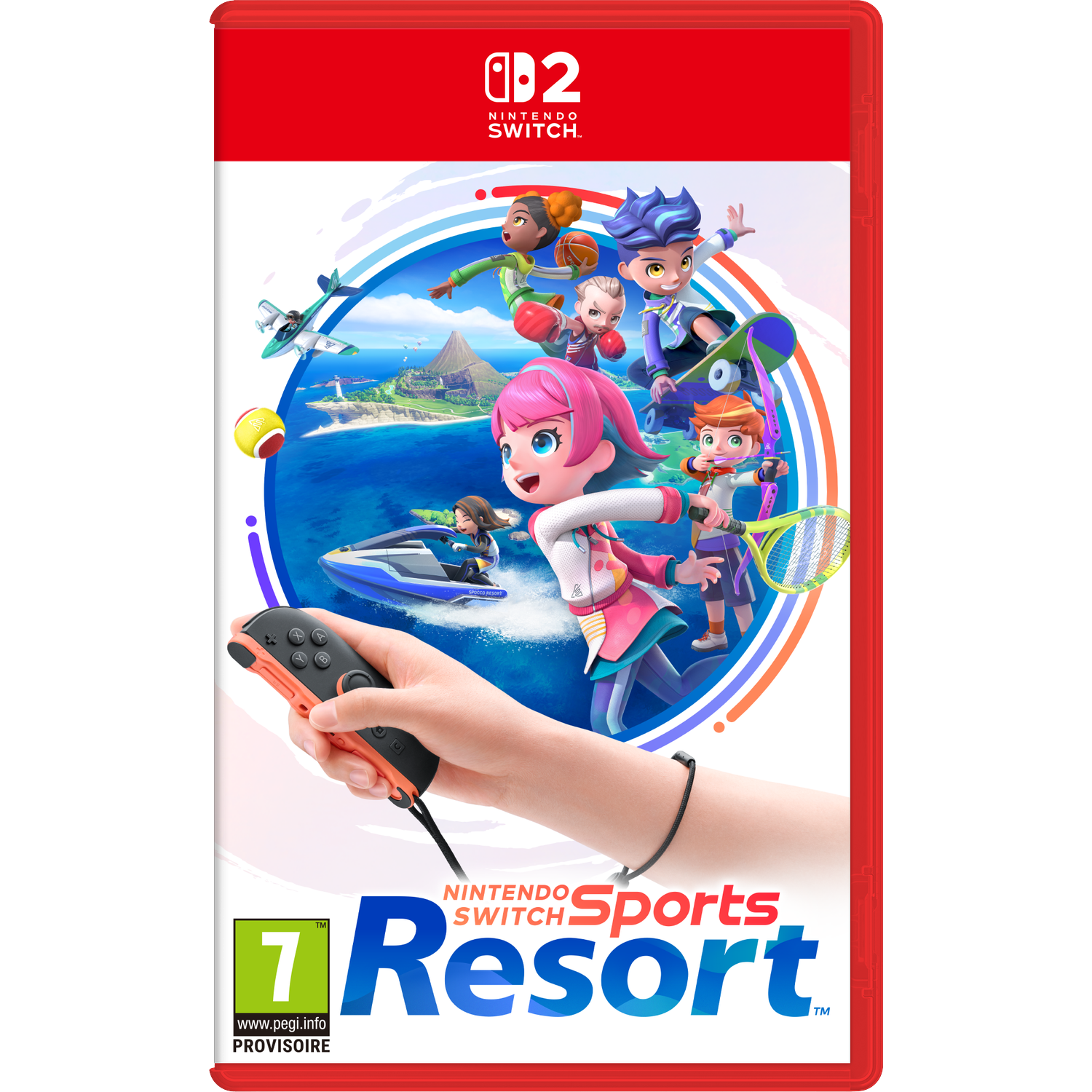 Couverture du jeu Nintendo Switch Sports Resort avec des personnages pratiquant divers sports.