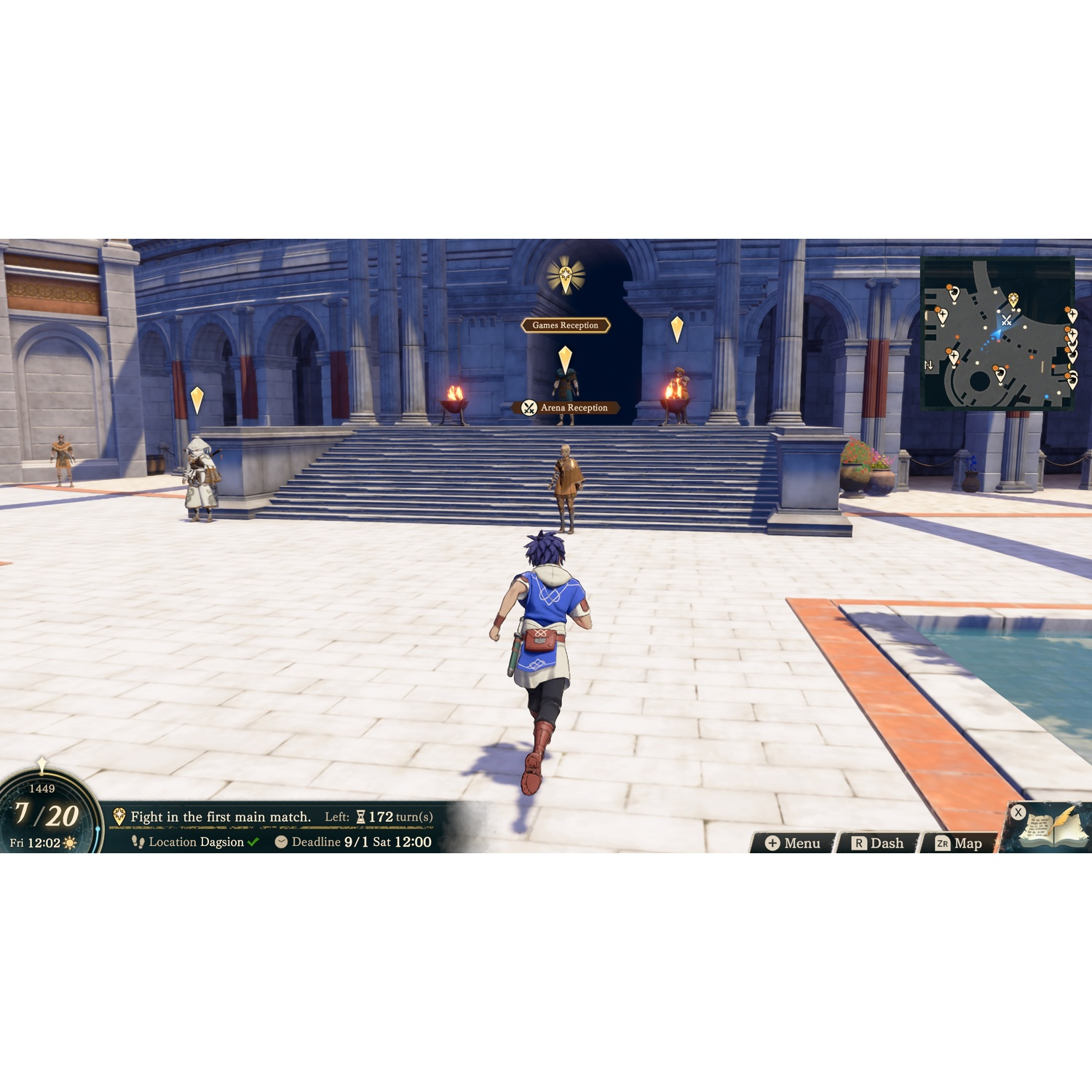 Un personnage en bleu court sur une zone pavée devant un grand escalier en pierre.
