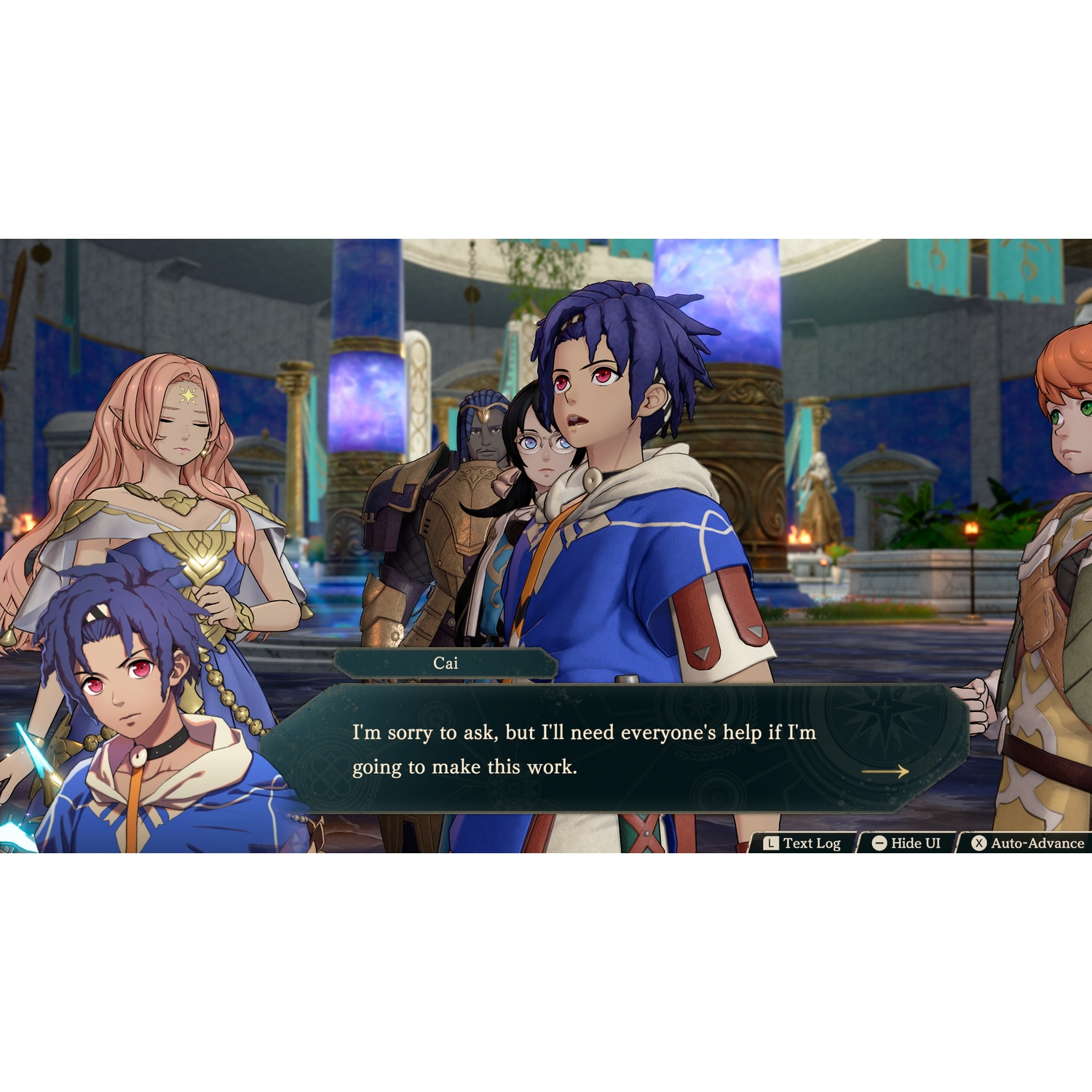 Personnages dans une boîte de dialogue de jeu vidéo avec des cheveux bleus et des yeux rouges au premier plan.