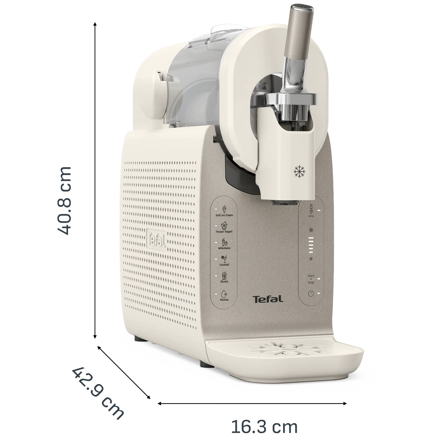 A white Tefal ice cream maker with a silver handle and control panel.