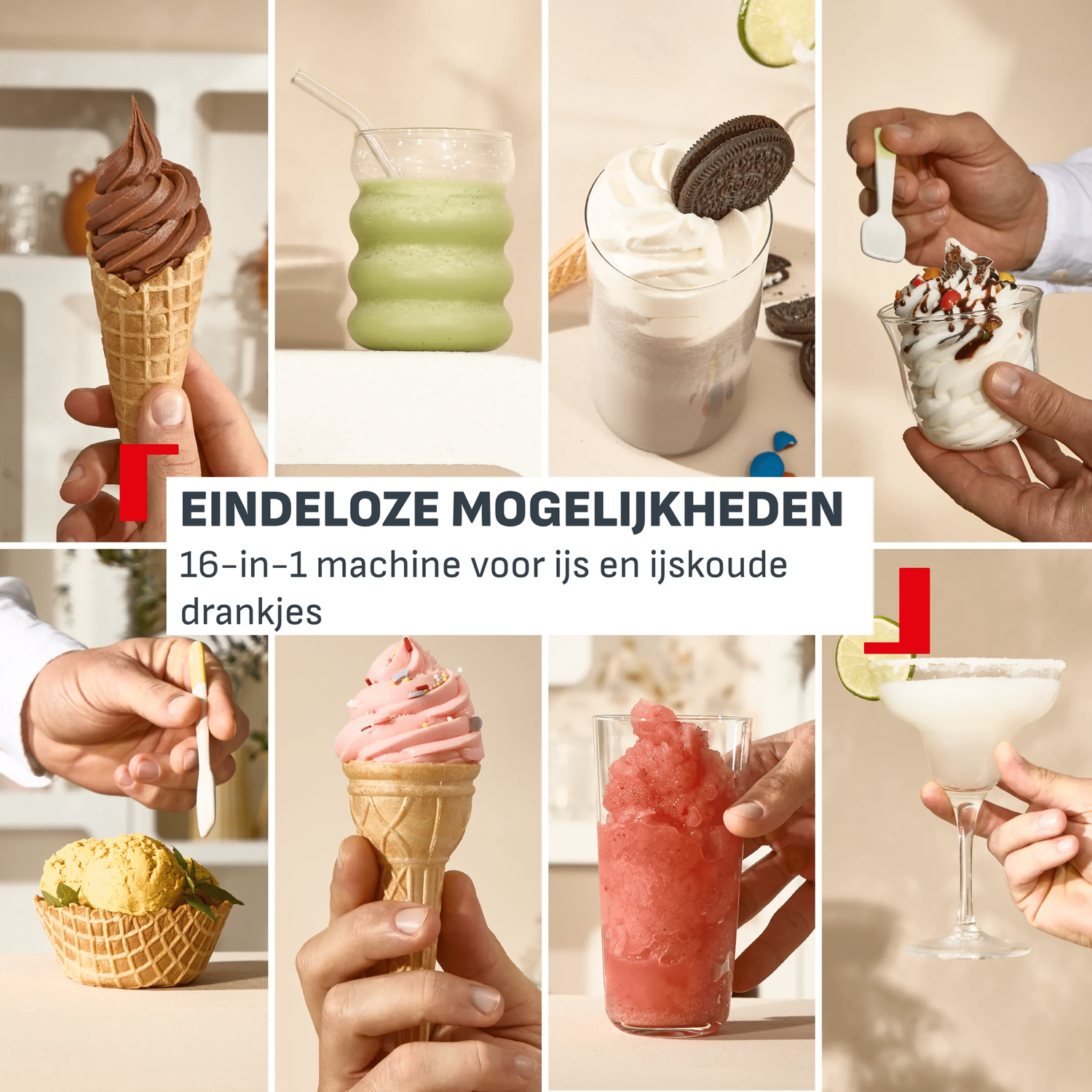 A collage shows various drinks and ice creams, including soft serve, milkshakes, and cocktails.