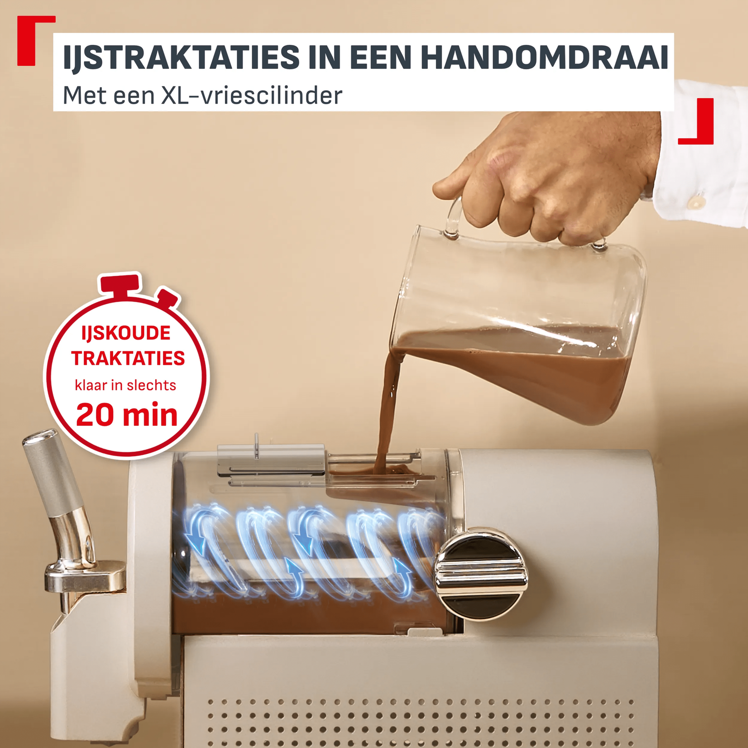 Chocolate drink being poured into an ice cream maker, ready in 20 min.