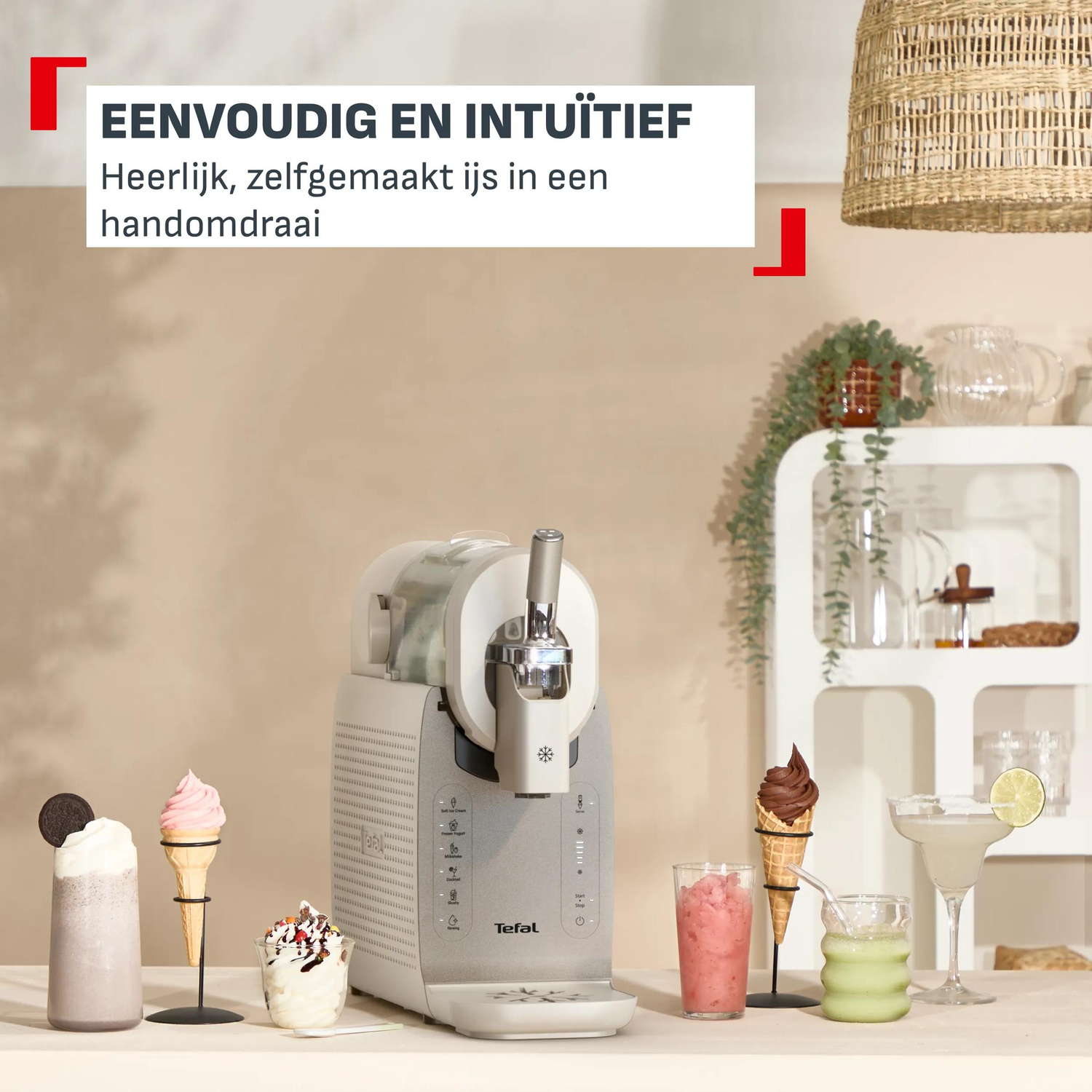 Ice cream maker with ice cream, drinks, and a cocktail on a table.