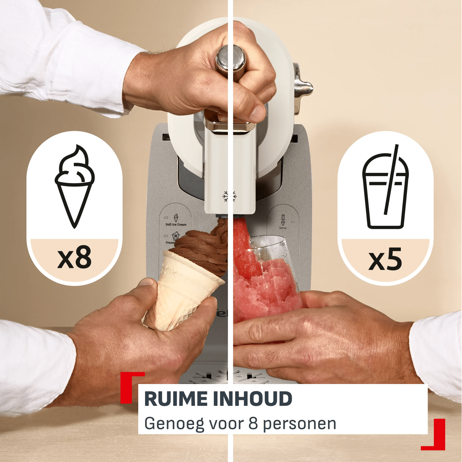 Ice cream machine with two hands, one holding an ice cream cone, the other a glass of slush.