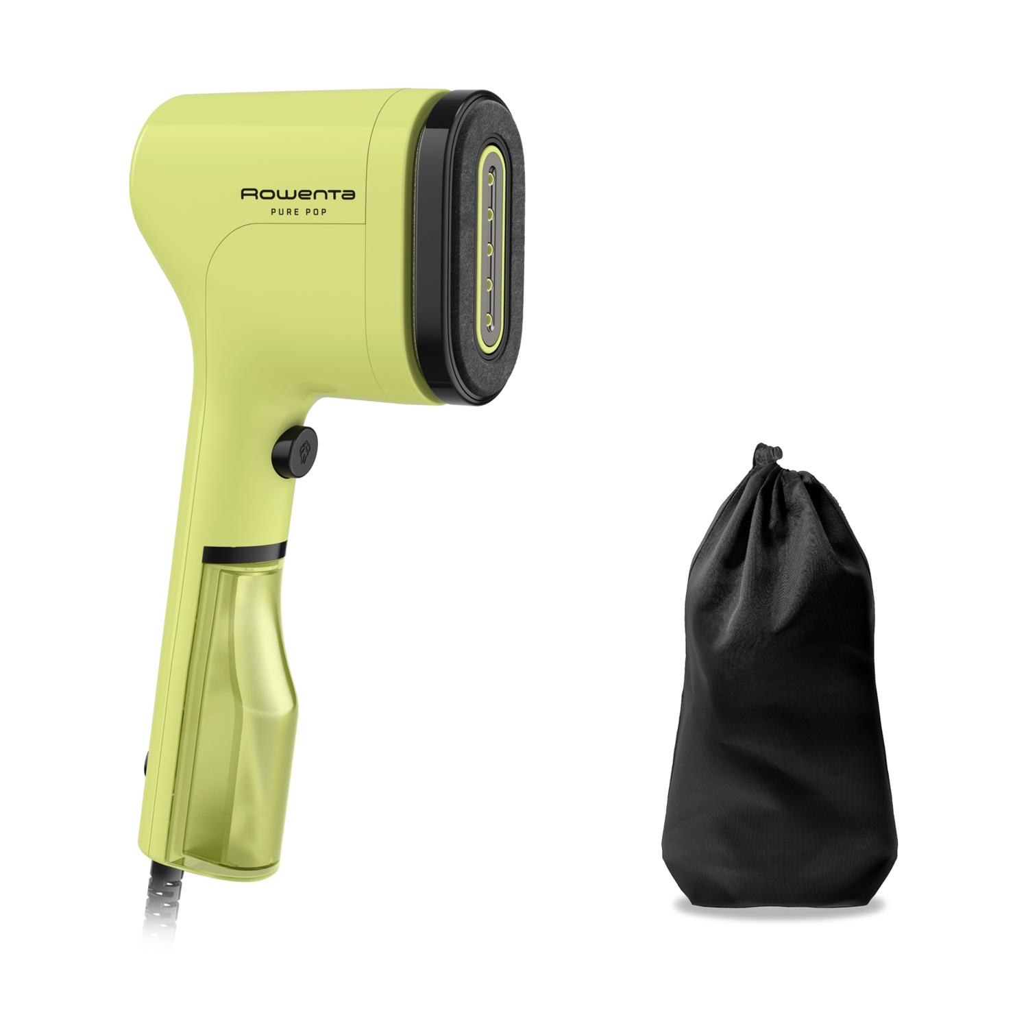 Uno spazzolino Rowenta Pure Pop verde lime e una borsa nera con coulisse.
