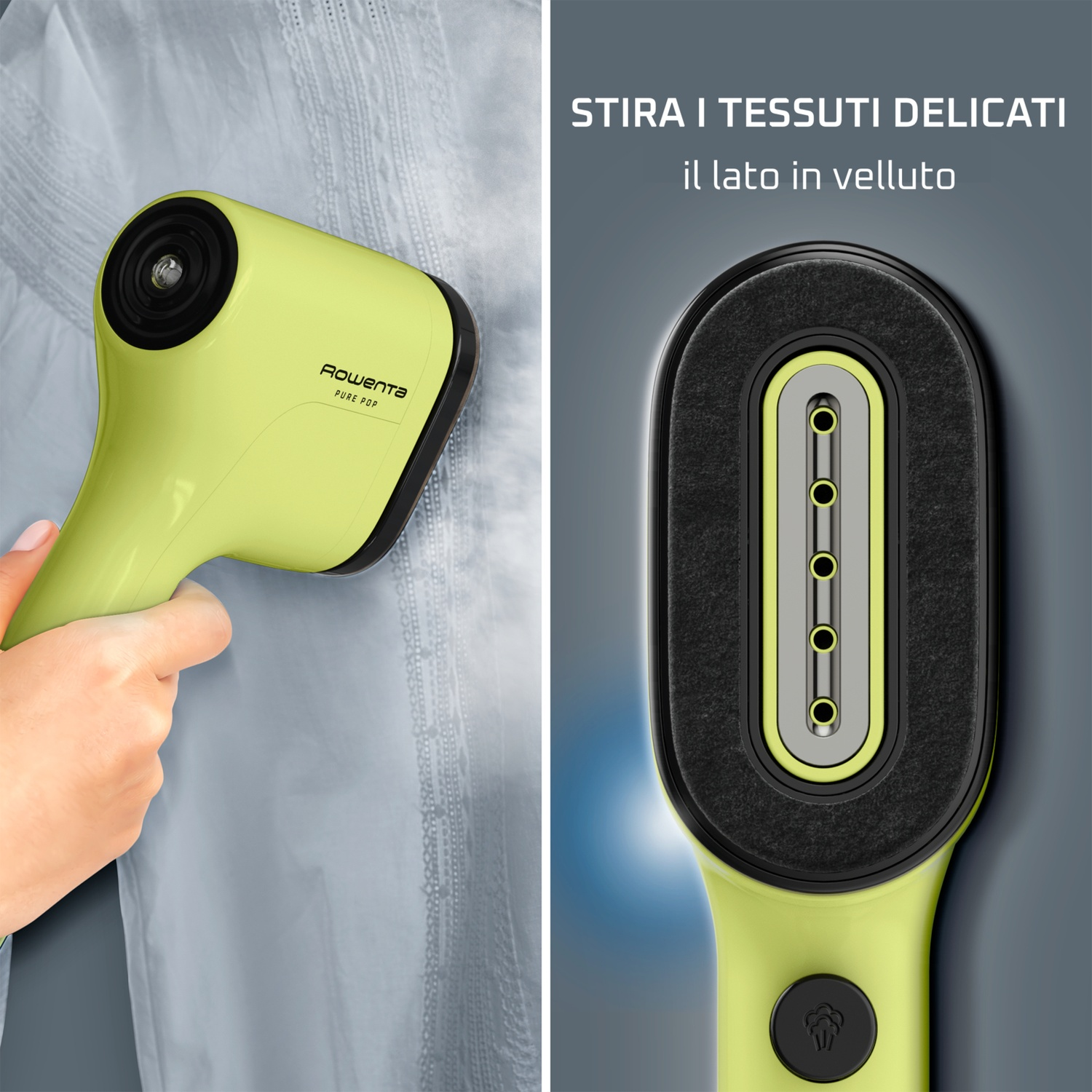 Uno spolverino a mano verde chiaro viene utilizzato per lisciare un capo.