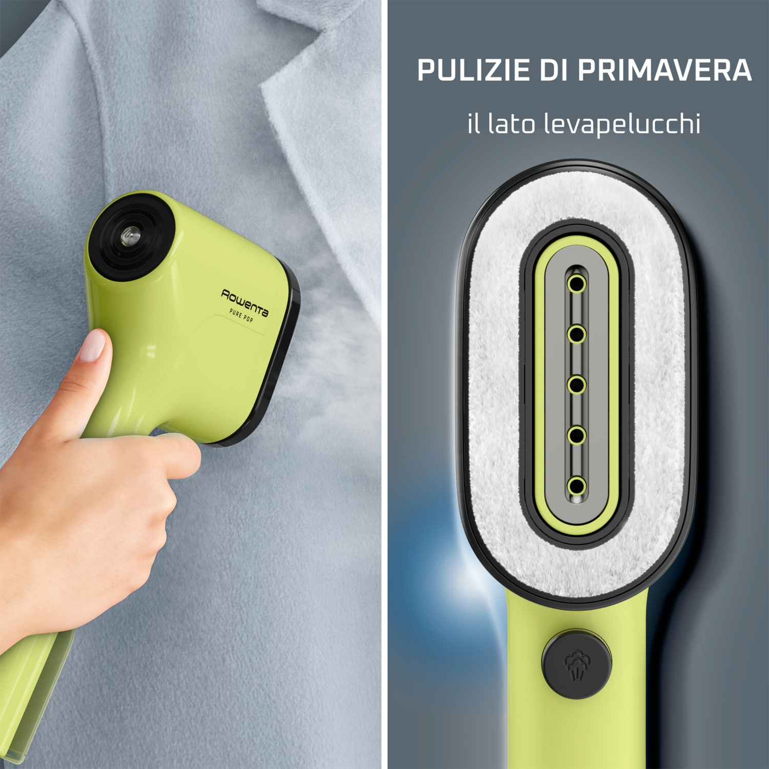 Un ferro da stiro a vapore verde portatile stira un tessuto azzurro. Primo piano.