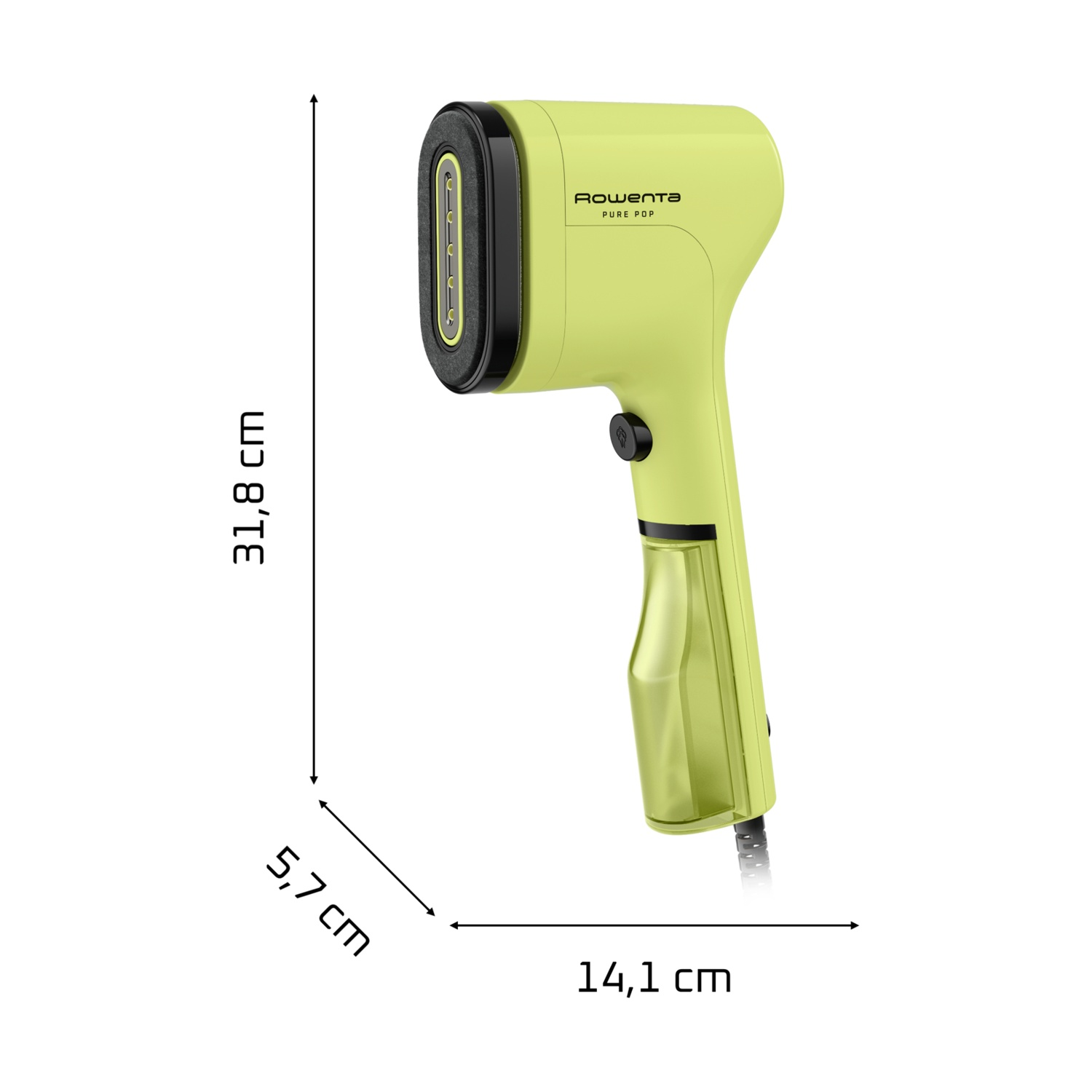 Vaporizzatore Rowenta verde con dimensioni: 31,8 cm altezza, 14,1 cm larghezza, 5,7 cm profondità.