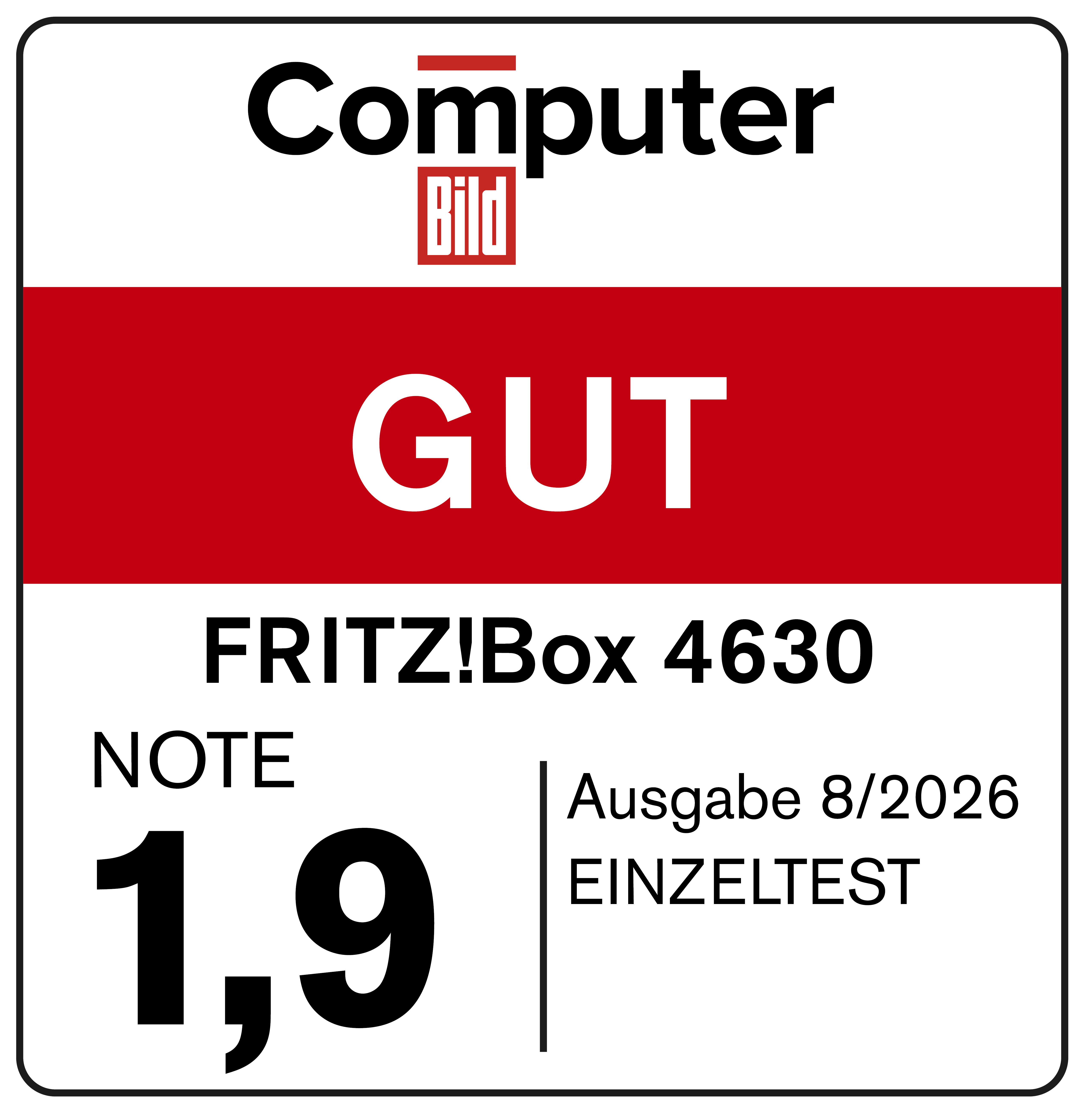 Computer Bild Siegel: GUT, FRITZ!Box 4630, Note 1,9, Ausgabe 8/2026