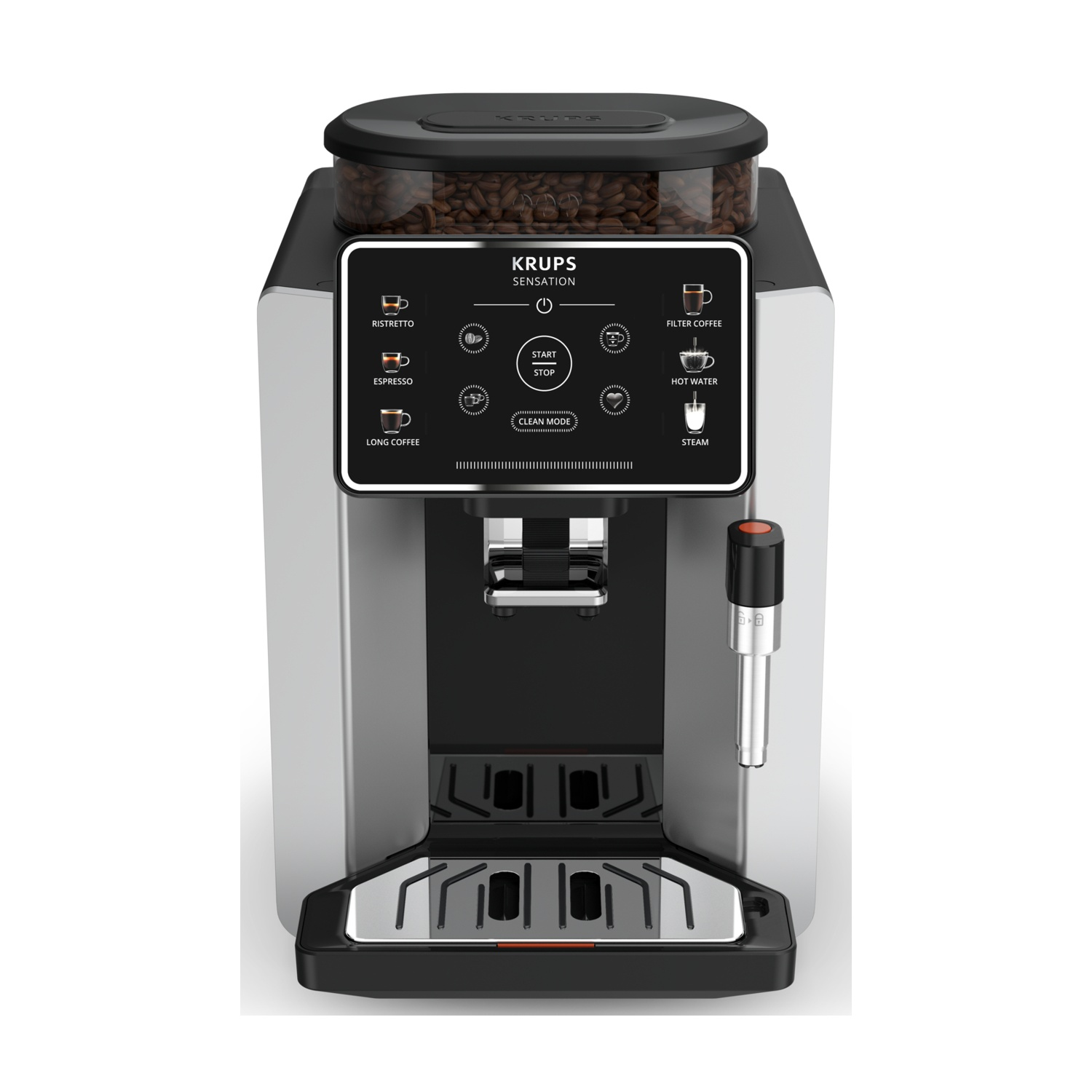 Macchina da caffè superautomatica Krups con contenitore chicchi e touchscreen per selezione bevande.