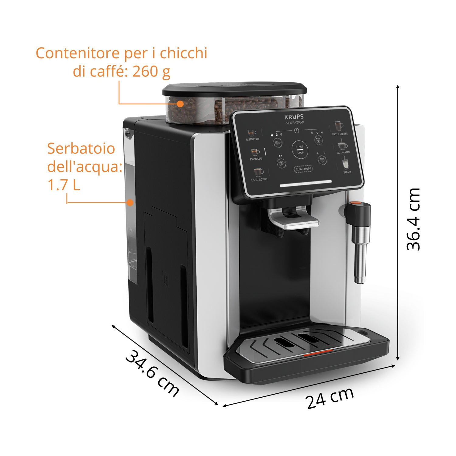 Una macchina da caffè Krups nera e argento con display digitale e contenitore chicchi.