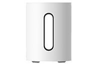 Witte cilindrische subwoofer met een verticale ovale uitsparing.