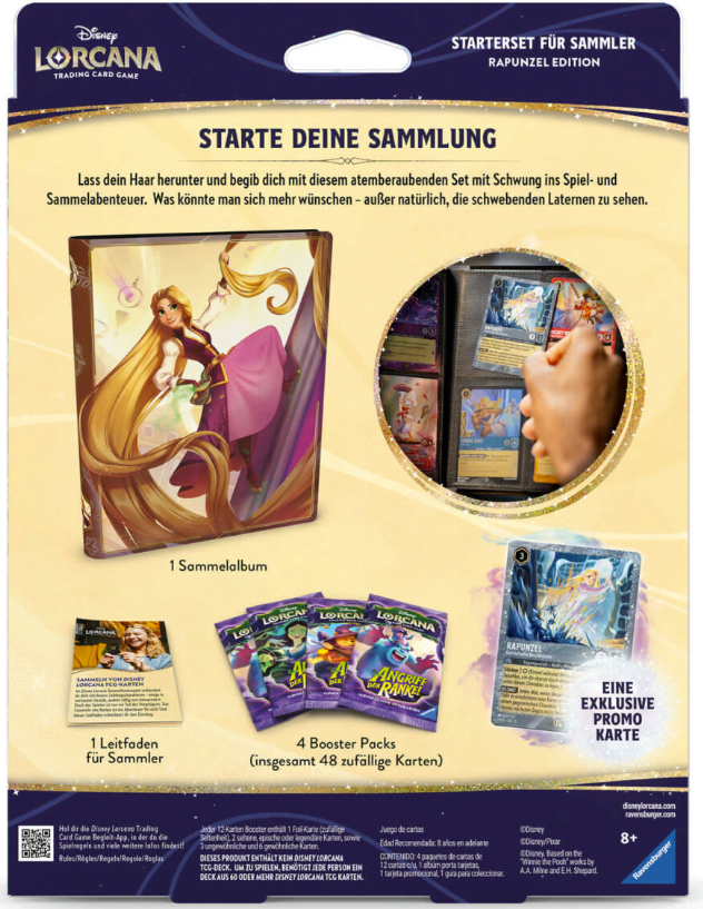 Disney Lorcana Rapunzel Edition Starterset mit Sammelalbum, Leitfaden und Boostern.