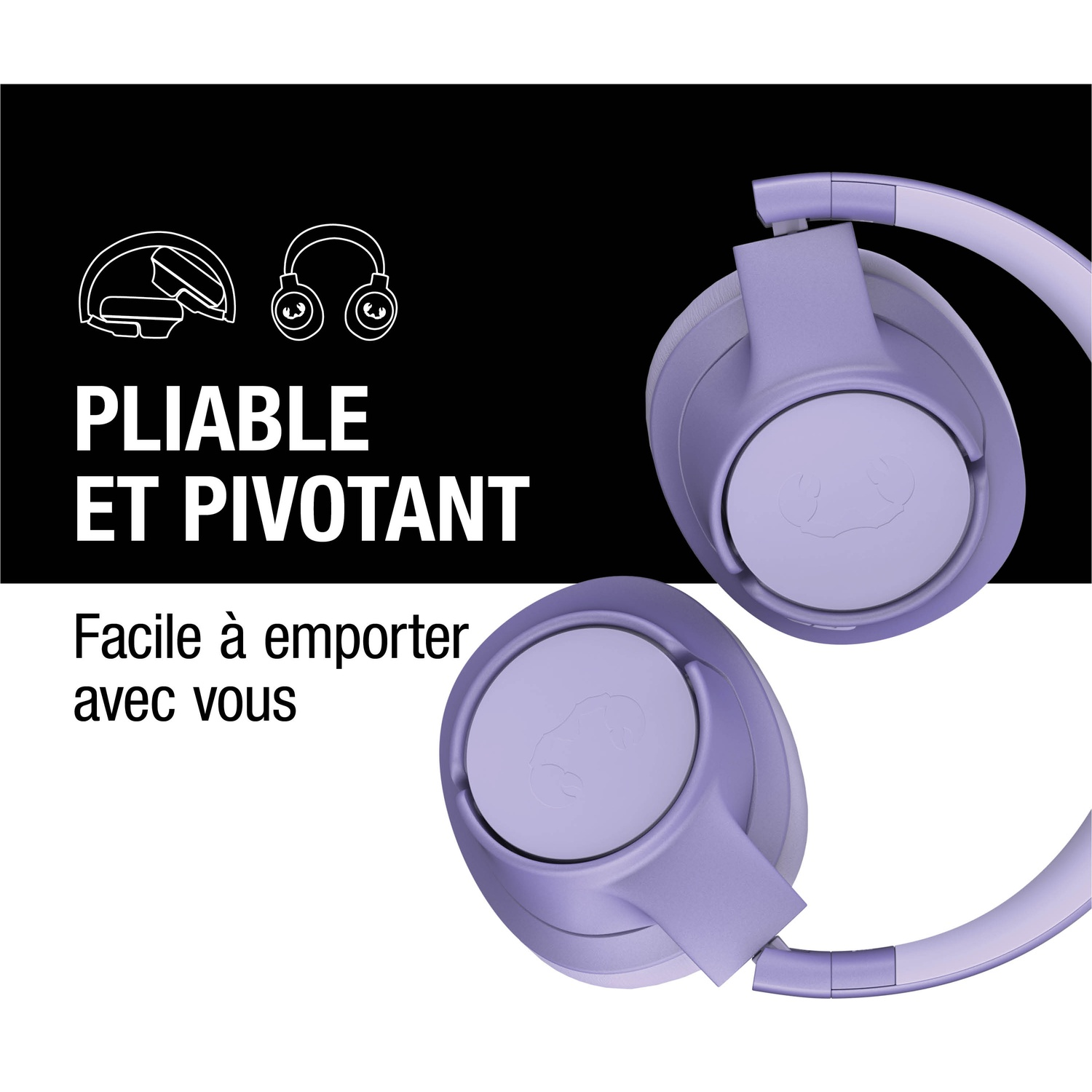 Casque violet, pliable et pivotant, avec texte.