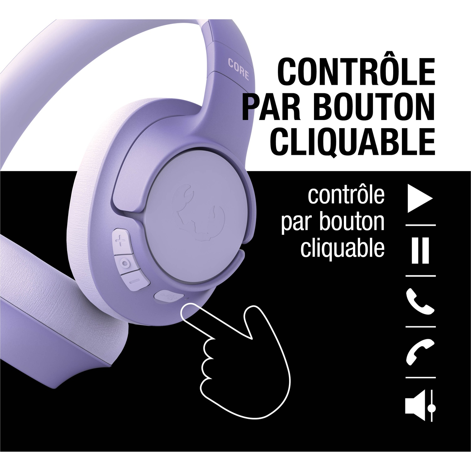 Casque violet avec commande par bouton cliquable et icônes lecture, pause, appel, volume.