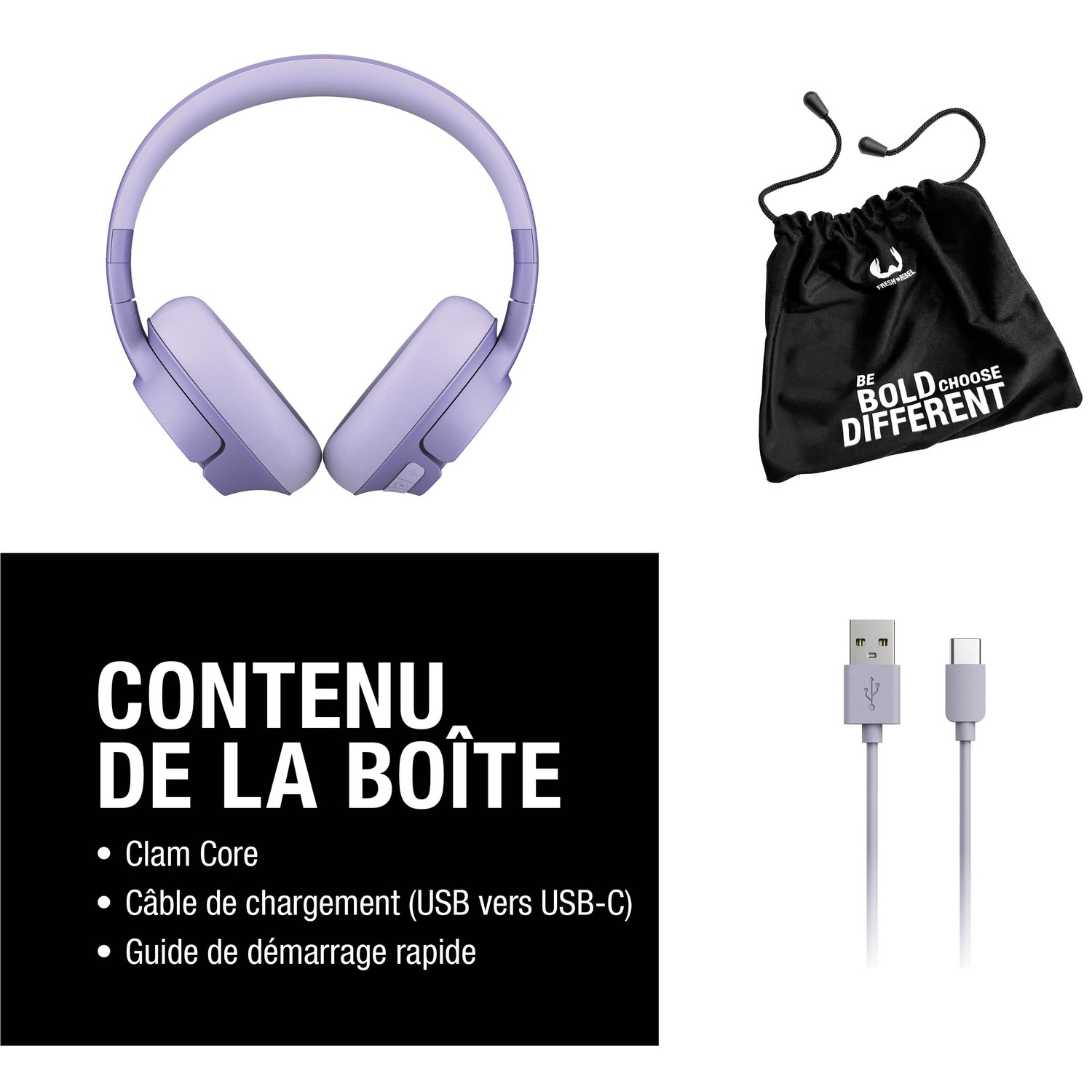 Casque violet, sac noir, câble USB et texte 'Contenu de la boîte'.