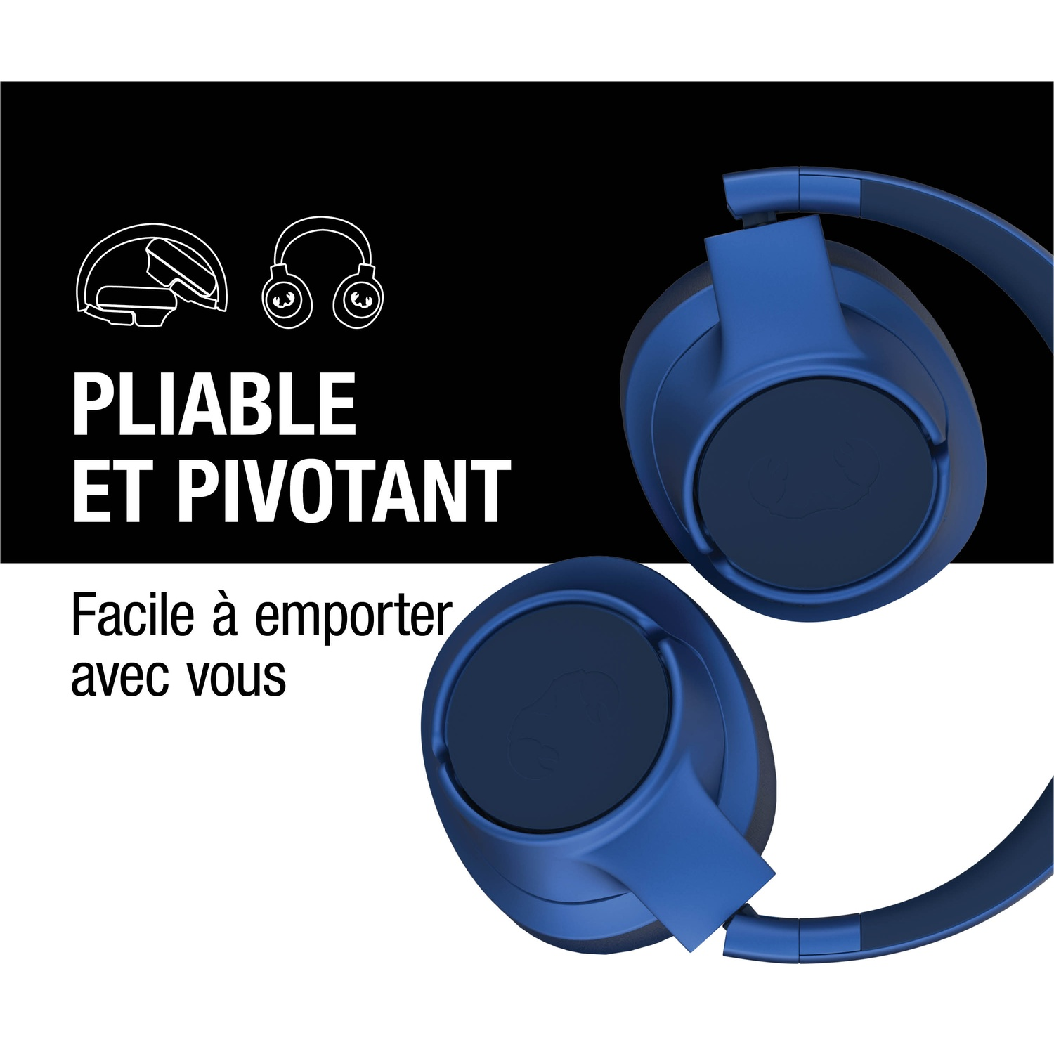 Casque bleu avec texte en français sur la pliabilité.