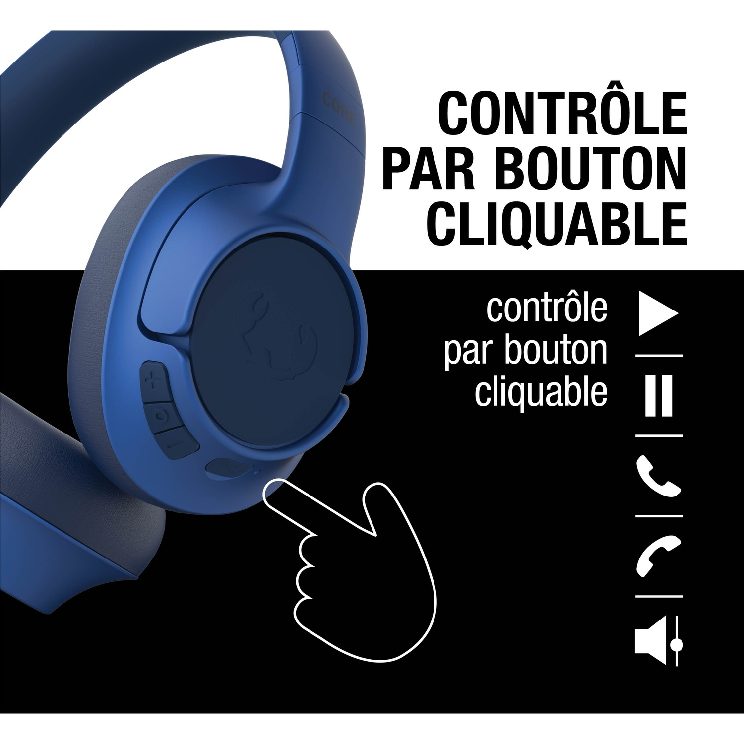 Casque bleu avec contrôle par bouton cliquable et icônes lecture, pause, appel, sonnerie, volume.