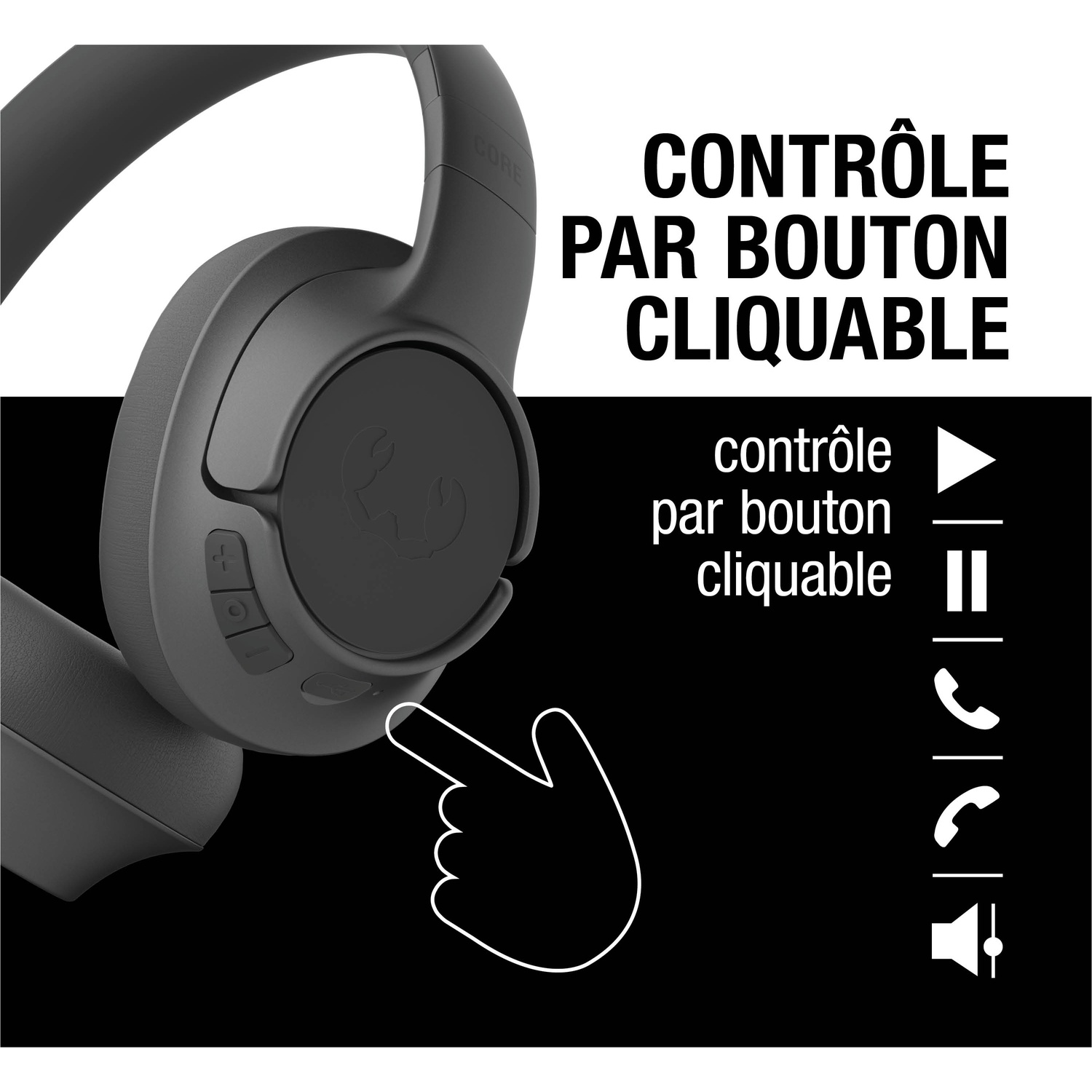 Casque gris avec un doigt pointant vers un bouton. Texte: Contrôle par bouton cliquable.