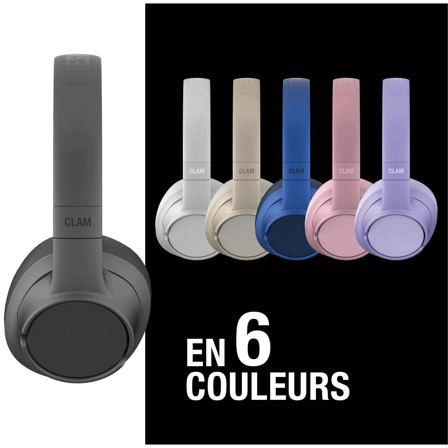 Casque gris à gauche, cinq casques colorés alignés à côté.