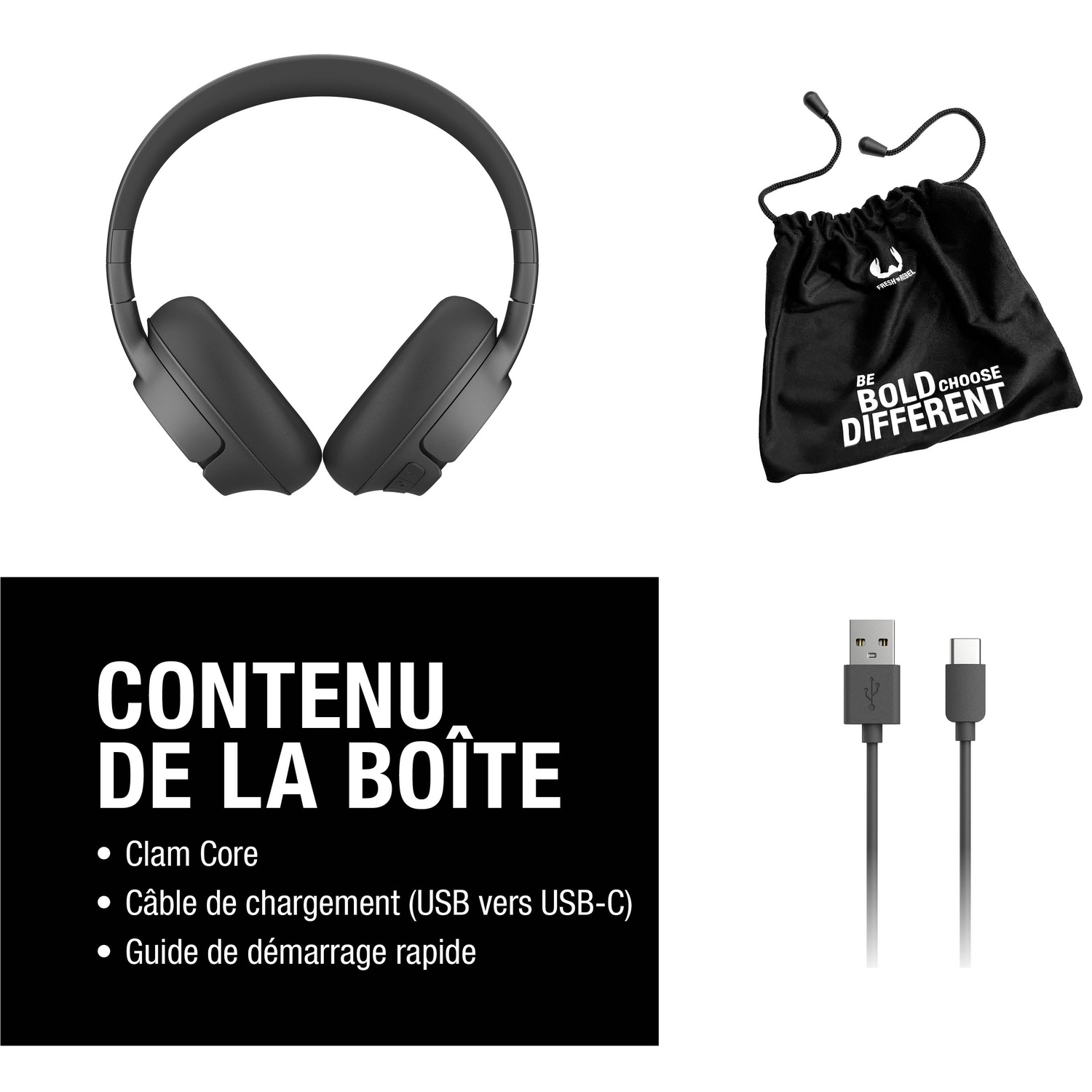 Casque noir, sac, câble USB-C et liste du contenu.